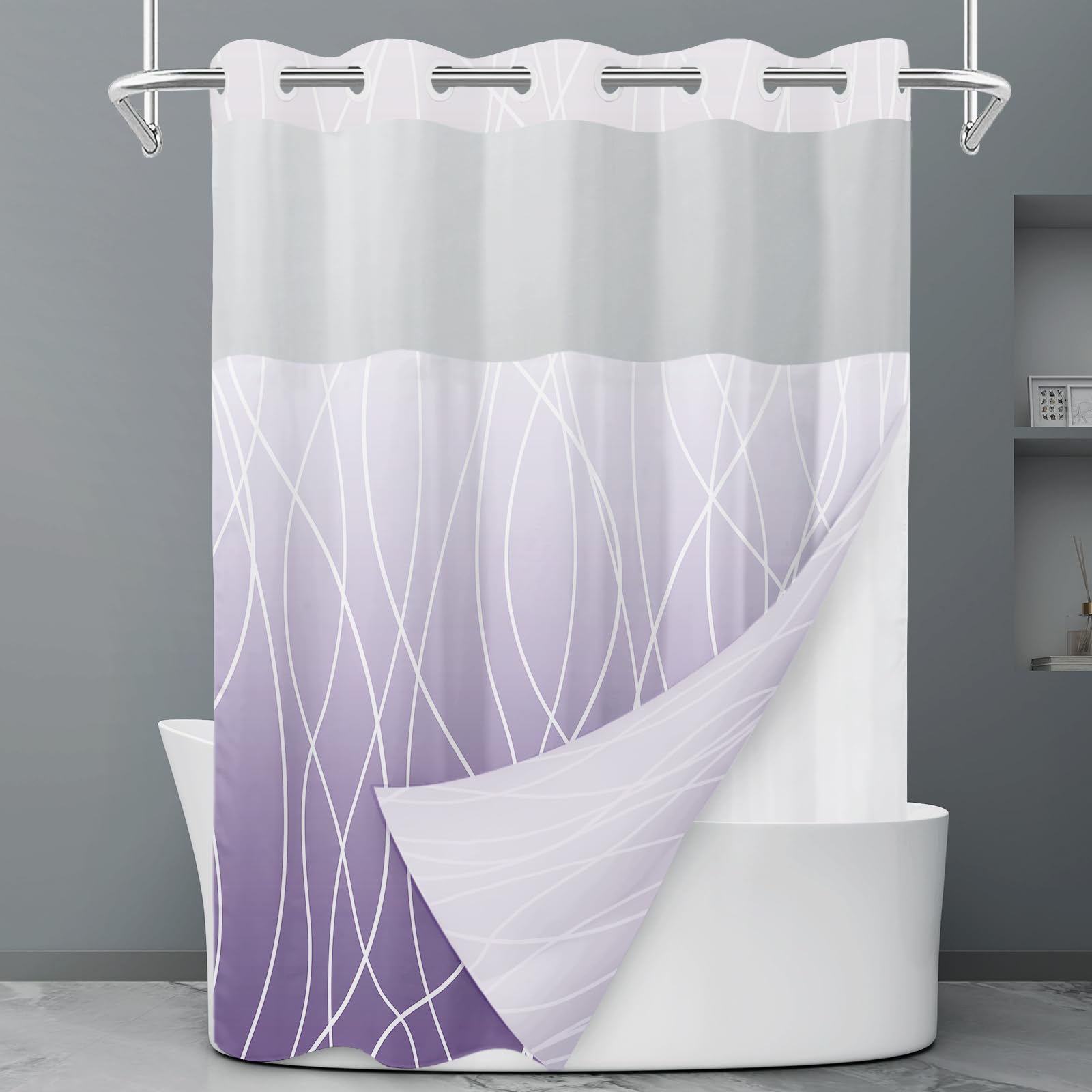 Rideau de douche à rayures grises et blanches sans crochet avec doublure à clipser – Rideau de douche d'hôtel pour salle de bain, imperméable et lavable en machine, 180 x 188 cm - pokemaRideau de douche à rayures grises et blanches sans crochet avec doublure à clipser – Rideau de douche d'hôtel pour salle de bain, imperméable et lavable en machine, 180 x 188 cm
