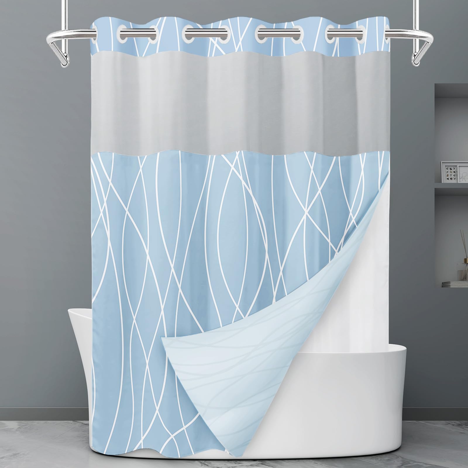 Rideau de douche à rayures grises et blanches sans crochet avec doublure à clipser – Rideau de douche d'hôtel pour salle de bain, imperméable et lavable en machine, 180 x 188 cm - pokemaRideau de douche à rayures grises et blanches sans crochet avec doublure à clipser – Rideau de douche d'hôtel pour salle de bain, imperméable et lavable en machine, 180 x 188 cm