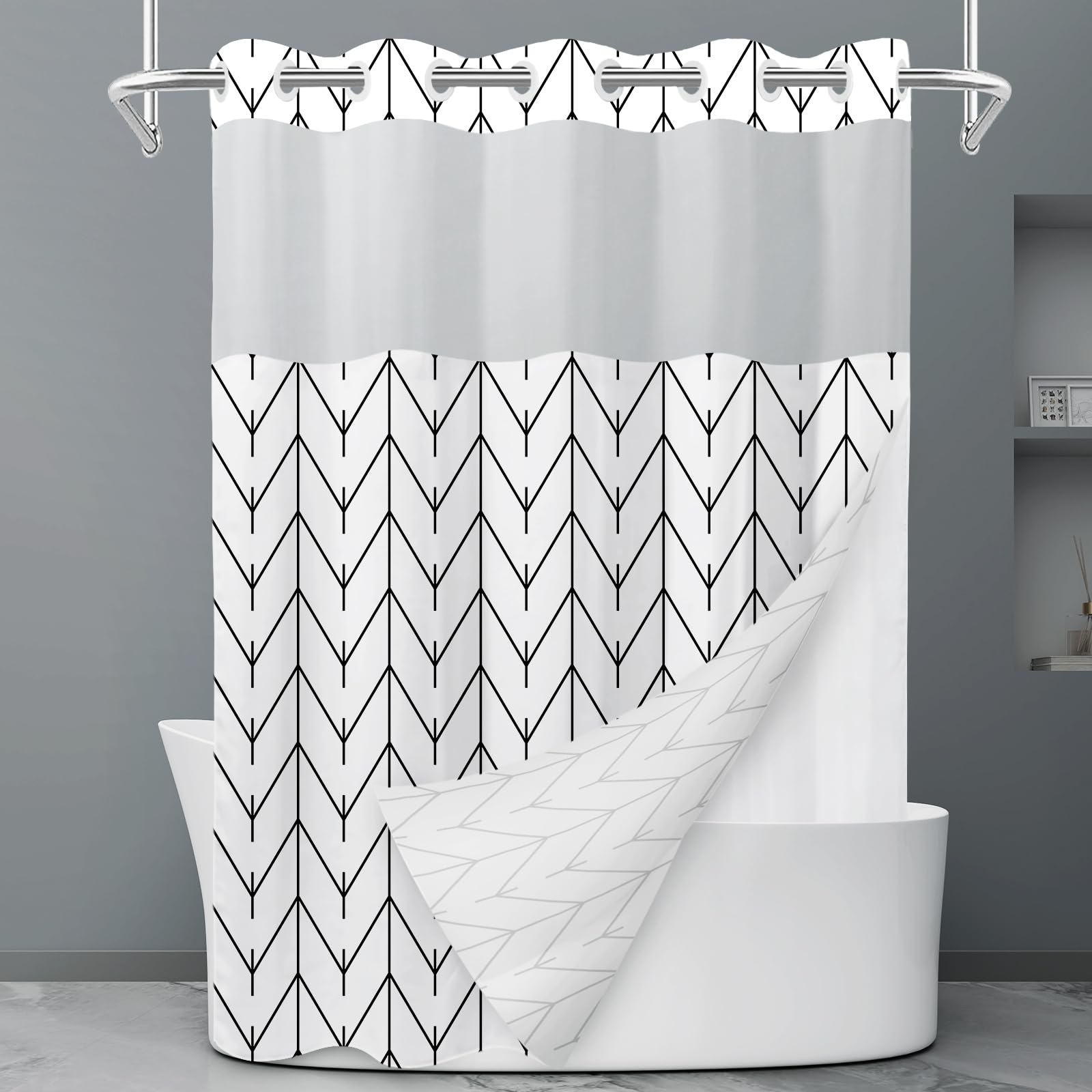 Rideau de douche à rayures grises et blanches sans crochet avec doublure à clipser – Rideau de douche d'hôtel pour salle de bain, imperméable et lavable en machine, 180 x 188 cm - pokemaRideau de douche à rayures grises et blanches sans crochet avec doublure à clipser – Rideau de douche d'hôtel pour salle de bain, imperméable et lavable en machine, 180 x 188 cm
