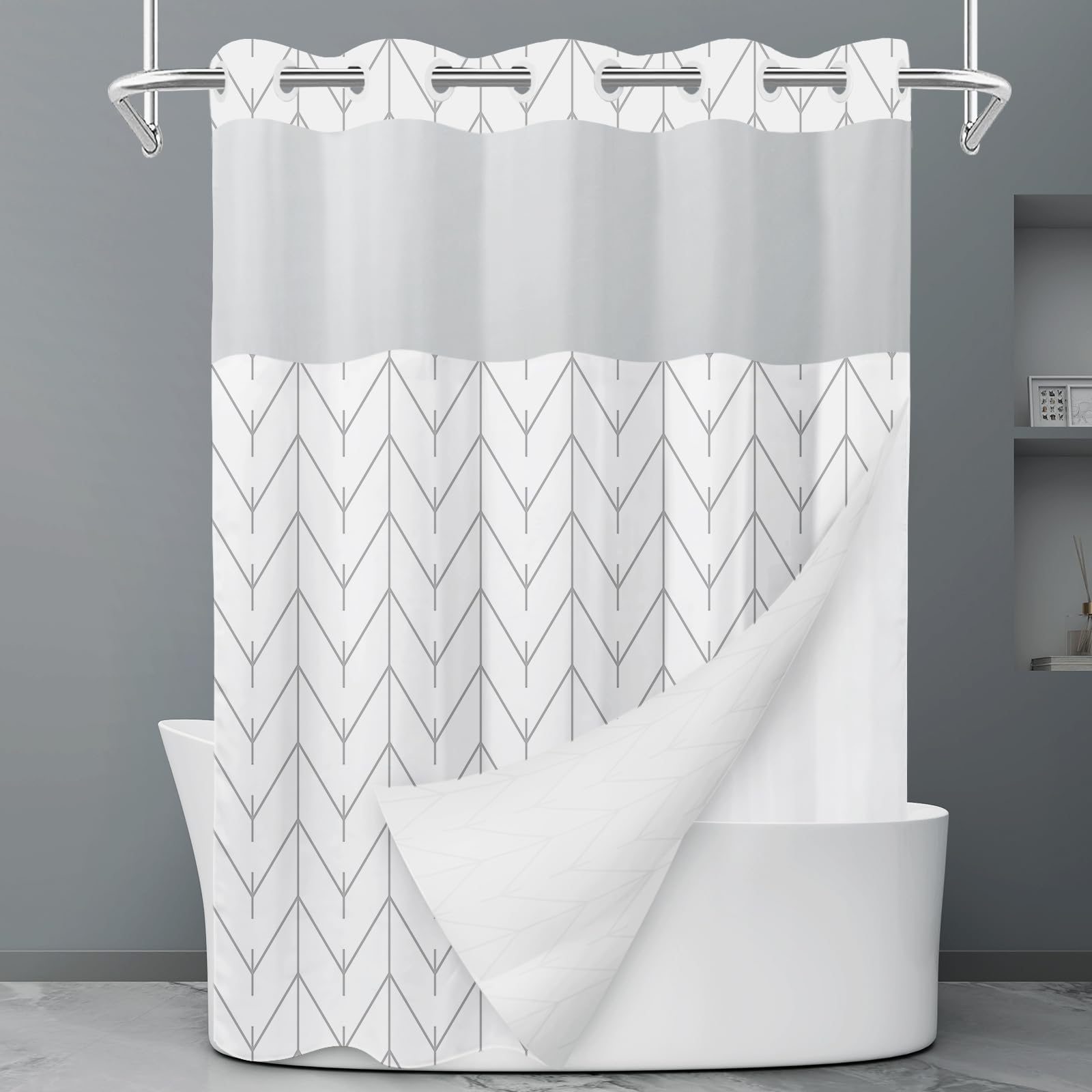 Rideau de douche à rayures grises et blanches sans crochet avec doublure à clipser – Rideau de douche d'hôtel pour salle de bain, imperméable et lavable en machine, 180 x 188 cm - pokemaRideau de douche à rayures grises et blanches sans crochet avec doublure à clipser – Rideau de douche d'hôtel pour salle de bain, imperméable et lavable en machine, 180 x 188 cm