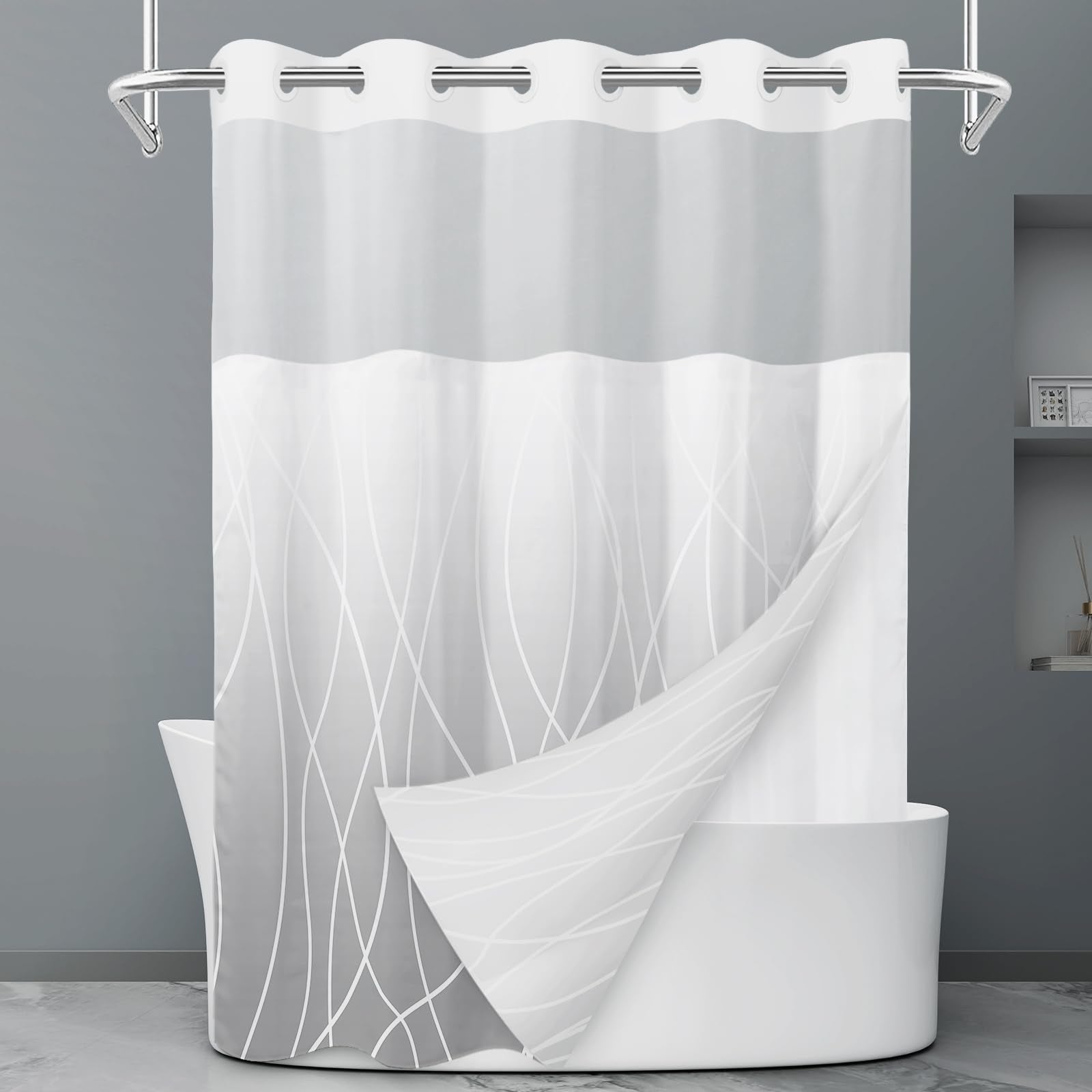 Rideau de douche à rayures grises et blanches sans crochet avec doublure à clipser – Rideau de douche d'hôtel pour salle de bain, imperméable et lavable en machine, 180 x 188 cm - pokemaRideau de douche à rayures grises et blanches sans crochet avec doublure à clipser – Rideau de douche d'hôtel pour salle de bain, imperméable et lavable en machine, 180 x 188 cm