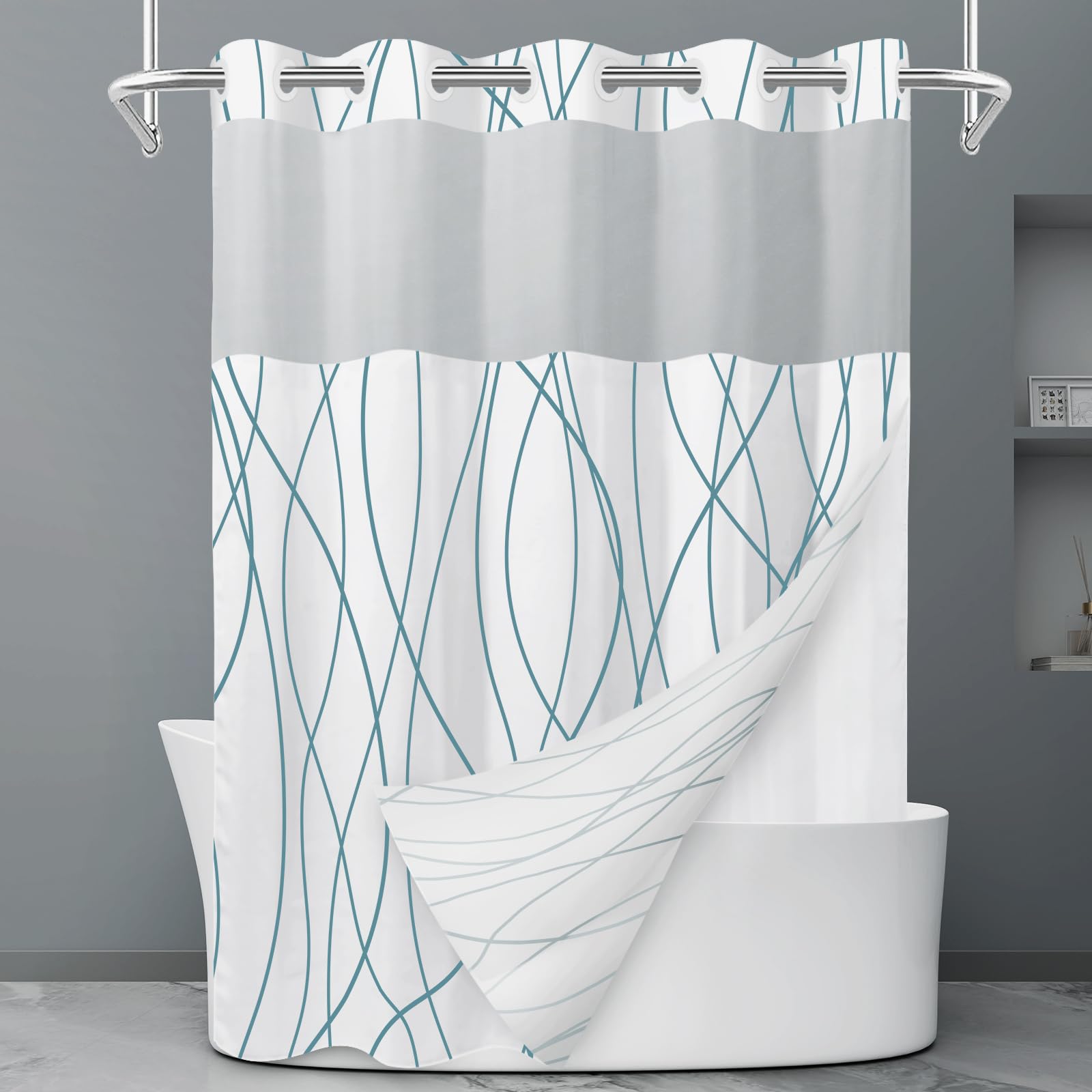 Rideau de douche à rayures grises et blanches sans crochet avec doublure à clipser – Rideau de douche d'hôtel pour salle de bain, imperméable et lavable en machine, 180 x 188 cm - pokemaRideau de douche à rayures grises et blanches sans crochet avec doublure à clipser – Rideau de douche d'hôtel pour salle de bain, imperméable et lavable en machine, 180 x 188 cm