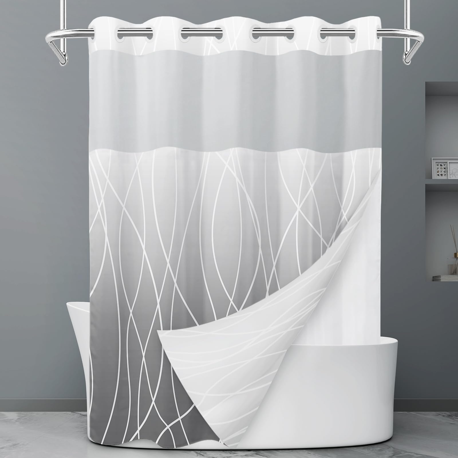 Rideau de douche à rayures grises et blanches sans crochet avec doublure à clipser – Rideau de douche d'hôtel pour salle de bain, imperméable et lavable en machine, 180 x 188 cm - pokemaRideau de douche à rayures grises et blanches sans crochet avec doublure à clipser – Rideau de douche d'hôtel pour salle de bain, imperméable et lavable en machine, 180 x 188 cm