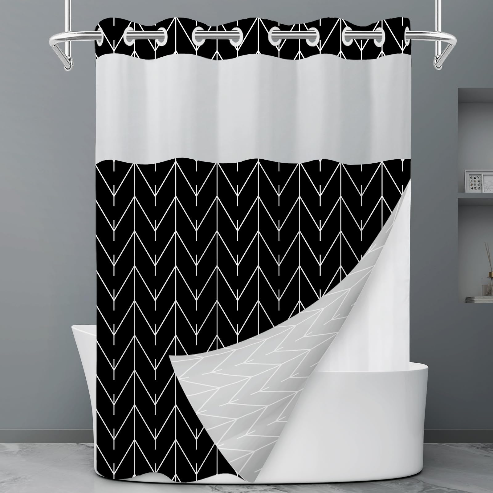 Rideau de douche à rayures grises et blanches sans crochet avec doublure à clipser – Rideau de douche d'hôtel pour salle de bain, imperméable et lavable en machine, 180 x 188 cm - pokemaRideau de douche à rayures grises et blanches sans crochet avec doublure à clipser – Rideau de douche d'hôtel pour salle de bain, imperméable et lavable en machine, 180 x 188 cm