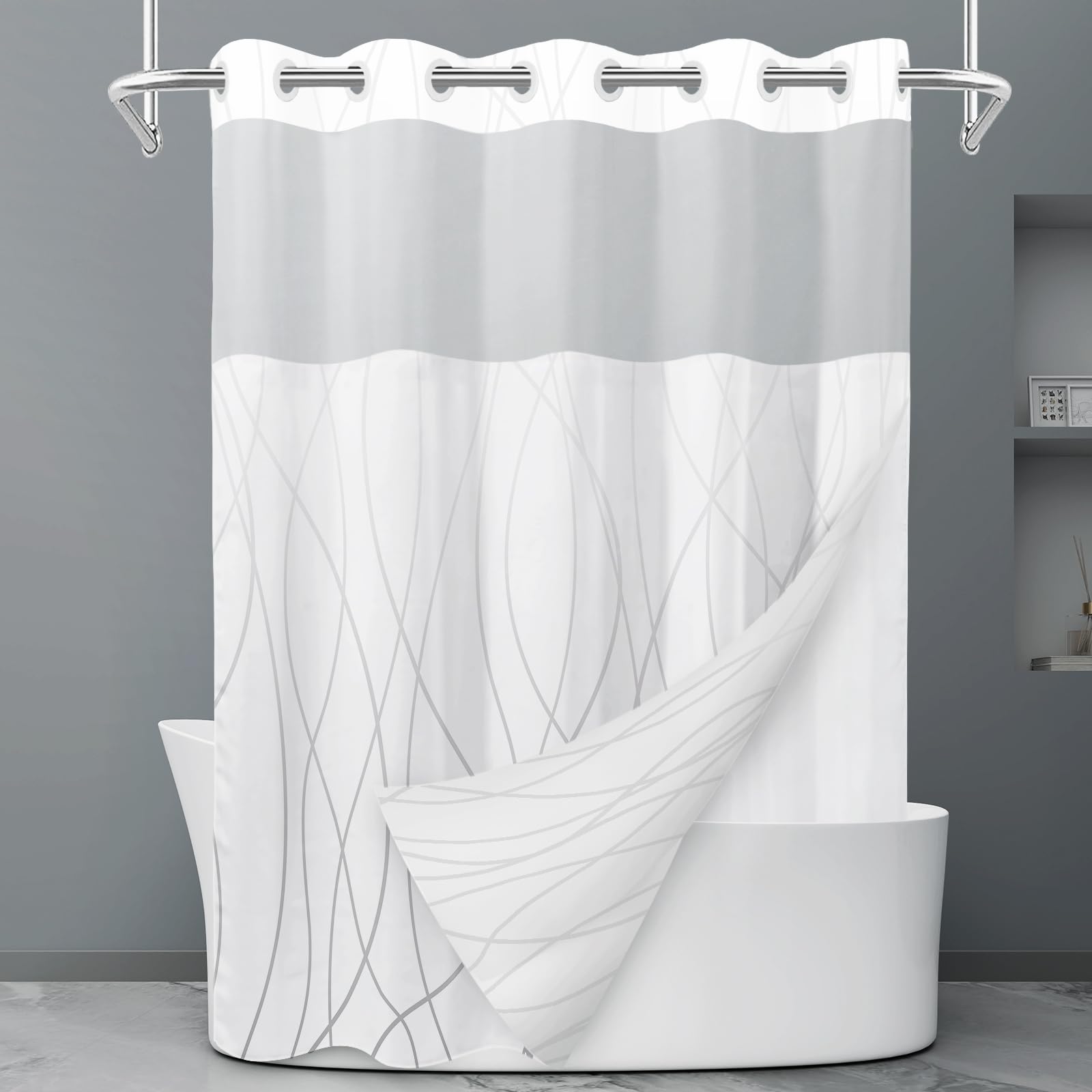 Rideau de douche à rayures grises et blanches sans crochet avec doublure à clipser – Rideau de douche d'hôtel pour salle de bain, imperméable et lavable en machine, 180 x 188 cm - pokemaRideau de douche à rayures grises et blanches sans crochet avec doublure à clipser – Rideau de douche d'hôtel pour salle de bain, imperméable et lavable en machine, 180 x 188 cm