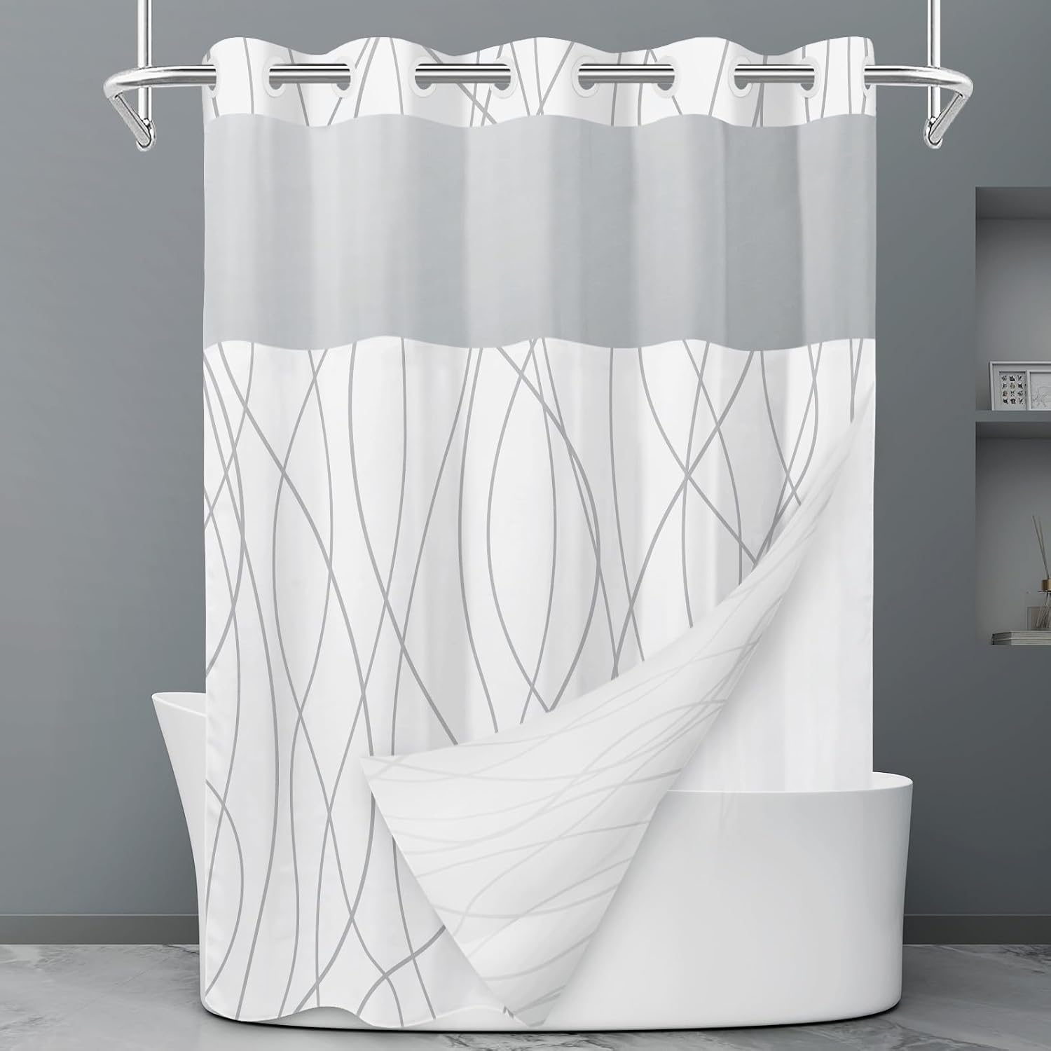 Rideau de douche à rayures grises et blanches sans crochet avec doublure à clipser – Rideau de douche d'hôtel pour salle de bain, imperméable et lavable en machine, 180 x 188 cm - pokemaRideau de douche à rayures grises et blanches sans crochet avec doublure à clipser – Rideau de douche d'hôtel pour salle de bain, imperméable et lavable en machine, 180 x 188 cm