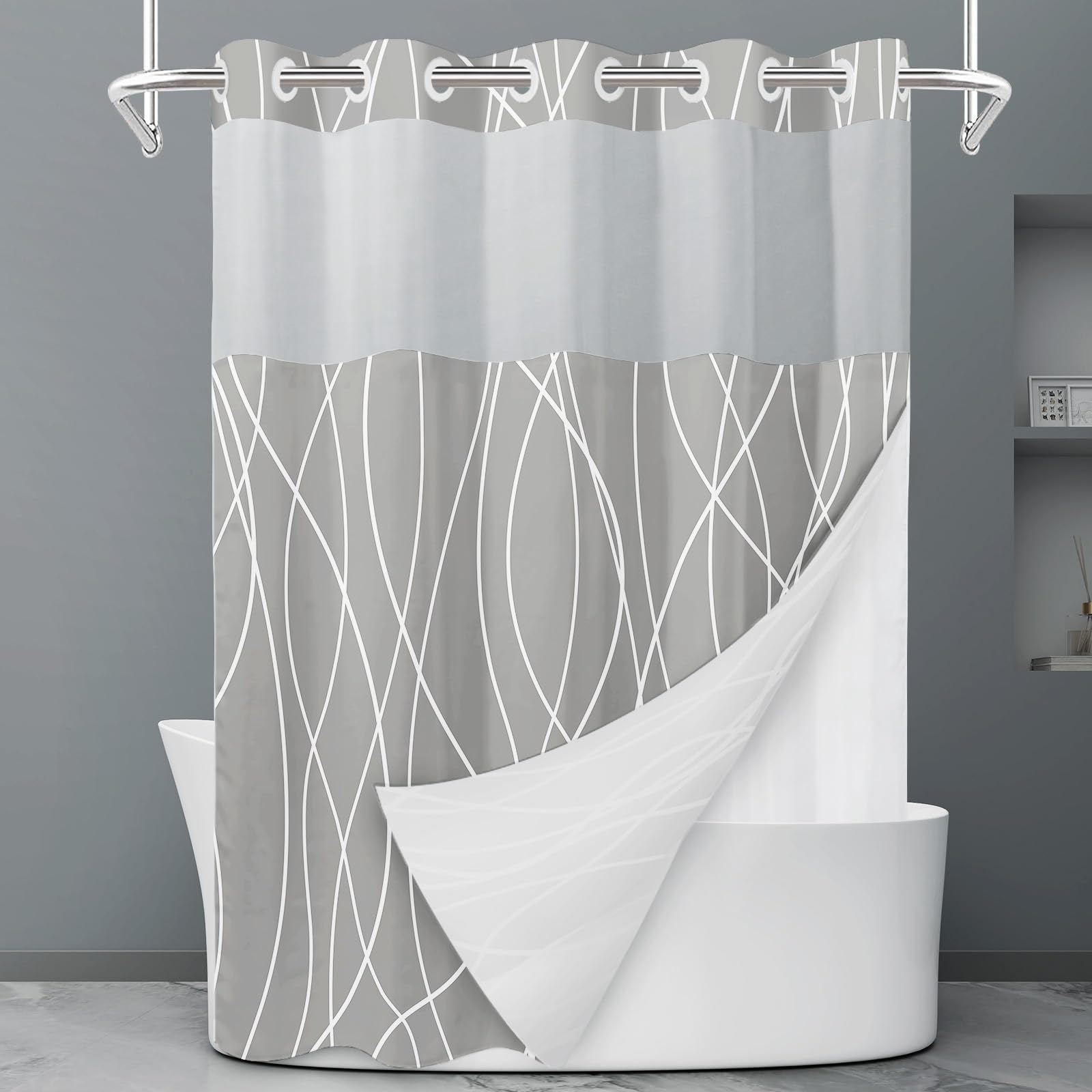 Rideau de douche à rayures grises et blanches sans crochet avec doublure à clipser – Rideau de douche d'hôtel pour salle de bain, imperméable et lavable en machine, 180 x 188 cm - pokemaRideau de douche à rayures grises et blanches sans crochet avec doublure à clipser – Rideau de douche d'hôtel pour salle de bain, imperméable et lavable en machine, 180 x 188 cm