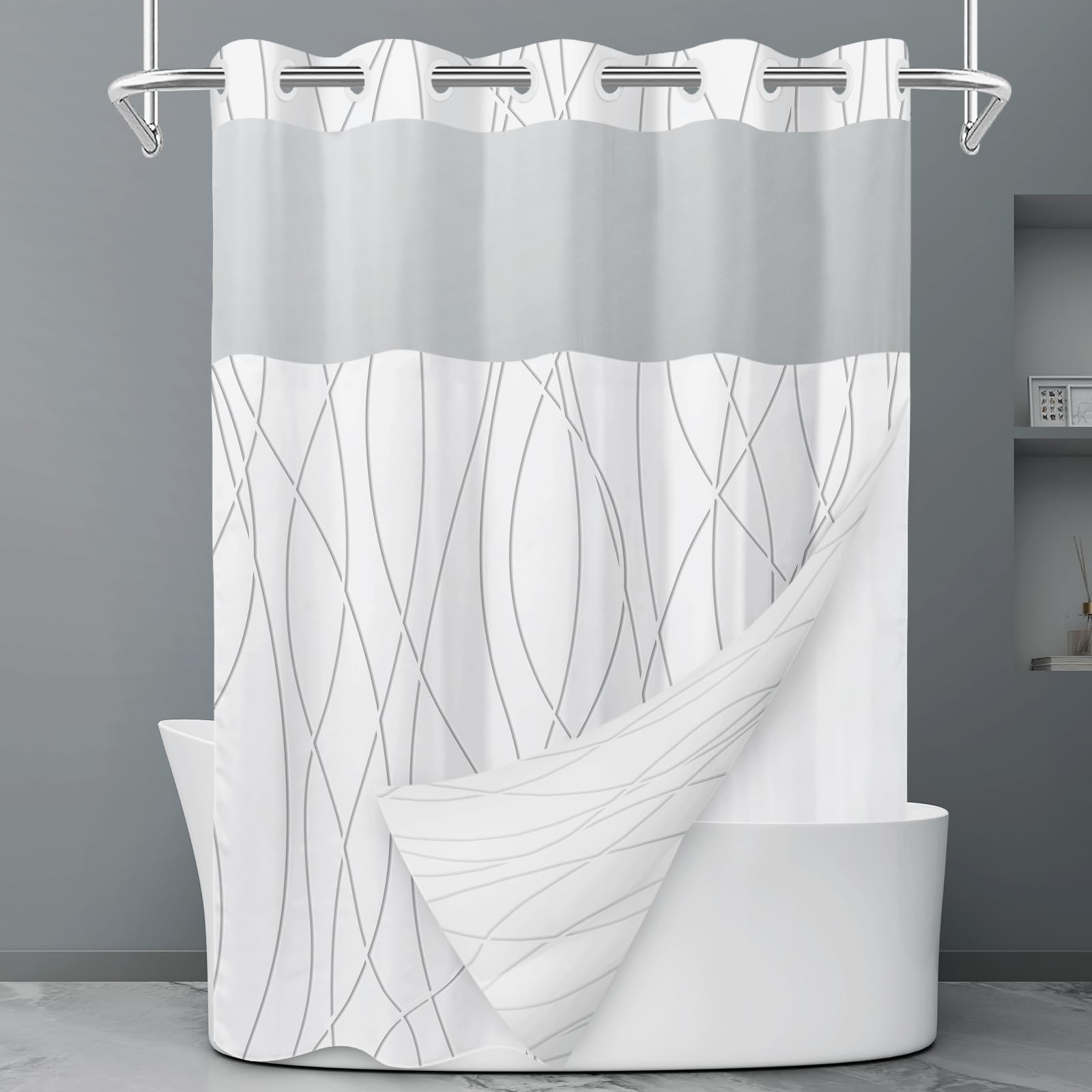Rideau de douche à rayures grises et blanches sans crochet avec doublure à clipser – Rideau de douche d'hôtel pour salle de bain, imperméable et lavable en machine, 180 x 188 cm - pokemaRideau de douche à rayures grises et blanches sans crochet avec doublure à clipser – Rideau de douche d'hôtel pour salle de bain, imperméable et lavable en machine, 180 x 188 cm