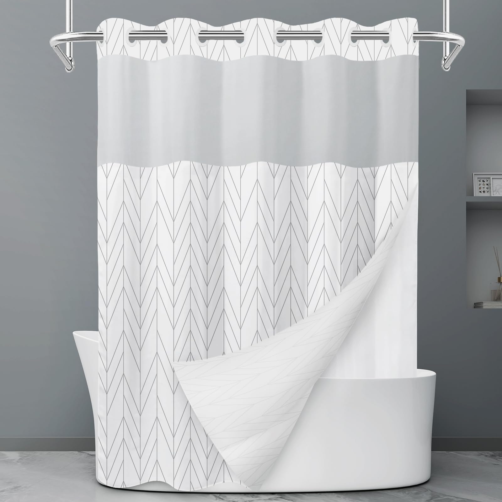 Rideau de douche à rayures grises et blanches sans crochet avec doublure à clipser – Rideau de douche d'hôtel pour salle de bain, imperméable et lavable en machine, 180 x 188 cm - pokemaRideau de douche à rayures grises et blanches sans crochet avec doublure à clipser – Rideau de douche d'hôtel pour salle de bain, imperméable et lavable en machine, 180 x 188 cm