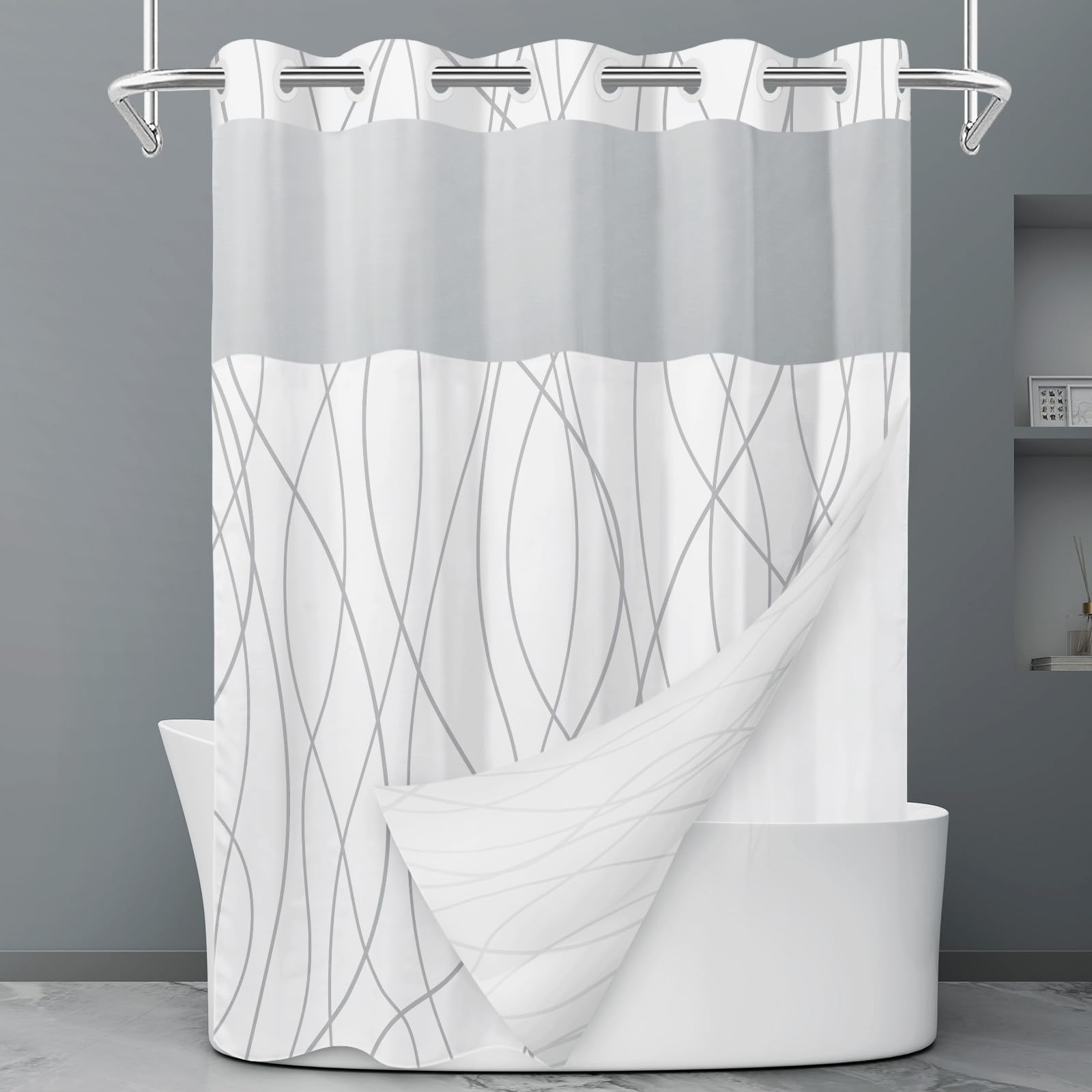 Rideau de douche à rayures grises et blanches sans crochet avec doublure à clipser – Rideau de douche d'hôtel pour salle de bain, imperméable et lavable en machine, 180 x 188 cm - pokemaRideau de douche à rayures grises et blanches sans crochet avec doublure à clipser – Rideau de douche d'hôtel pour salle de bain, imperméable et lavable en machine, 180 x 188 cm