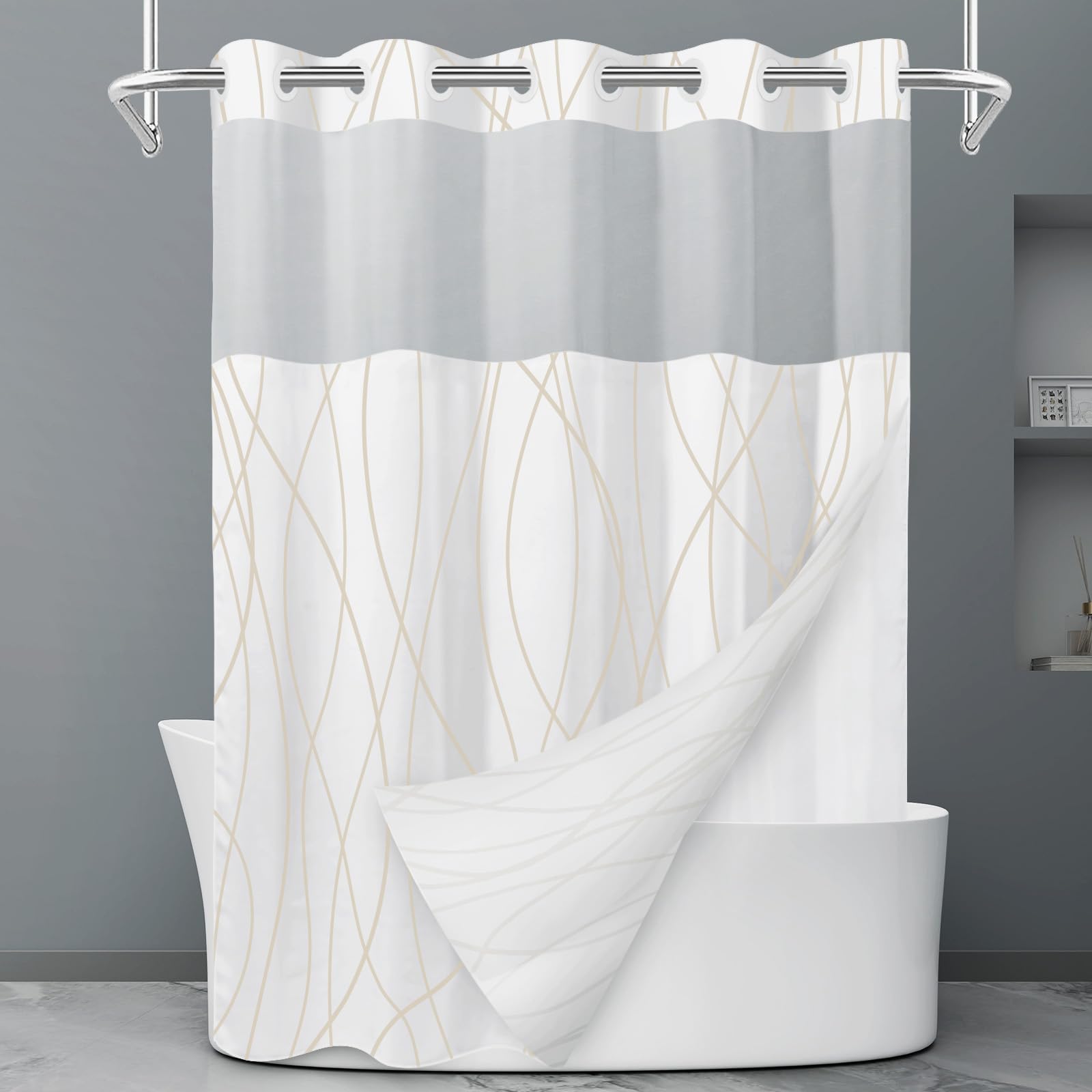 Rideau de douche à rayures grises et blanches sans crochet avec doublure à clipser – Rideau de douche d'hôtel pour salle de bain, imperméable et lavable en machine, 180 x 188 cm - pokemaRideau de douche à rayures grises et blanches sans crochet avec doublure à clipser – Rideau de douche d'hôtel pour salle de bain, imperméable et lavable en machine, 180 x 188 cm