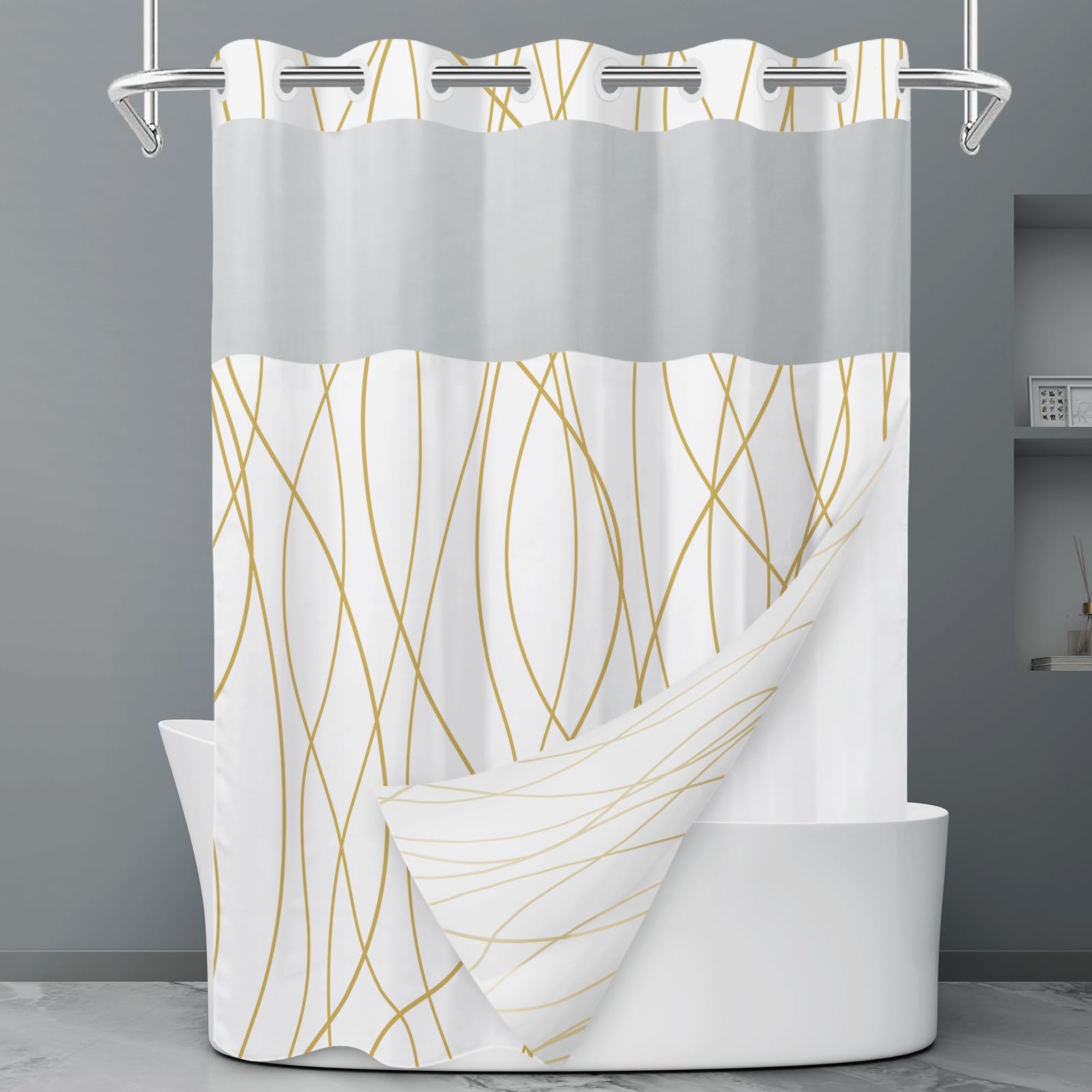 Rideau de douche à rayures grises et blanches sans crochet avec doublure à clipser – Rideau de douche d'hôtel pour salle de bain, imperméable et lavable en machine, 180 x 188 cm - pokemaRideau de douche à rayures grises et blanches sans crochet avec doublure à clipser – Rideau de douche d'hôtel pour salle de bain, imperméable et lavable en machine, 180 x 188 cm