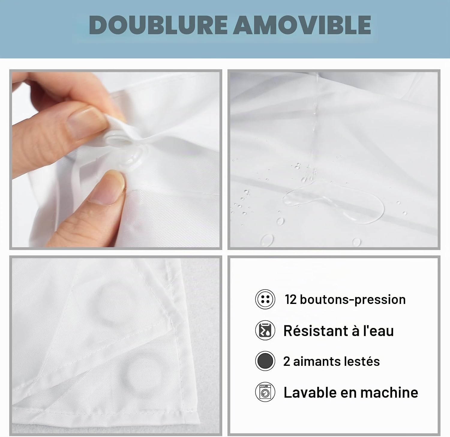 Rideau de douche à rayures grises et blanches sans crochet avec doublure à clipser – Rideau de douche d'hôtel pour salle de bain, imperméable et lavable en machine, 180 x 188 cm - pokemaRideau de douche à rayures grises et blanches sans crochet avec doublure à clipser – Rideau de douche d'hôtel pour salle de bain, imperméable et lavable en machine, 180 x 188 cm