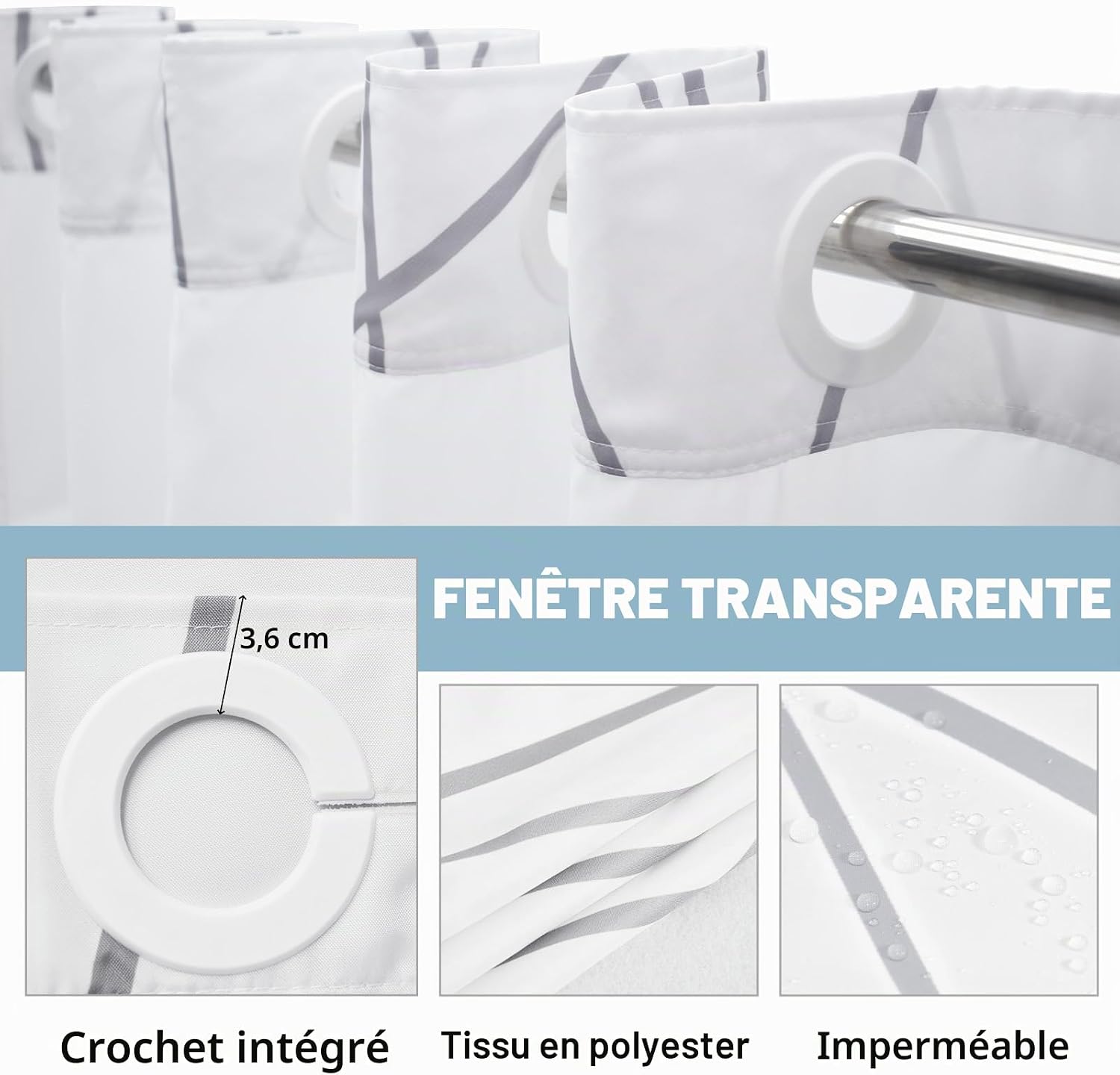 Rideau de douche à rayures grises et blanches sans crochet avec doublure à clipser – Rideau de douche d'hôtel pour salle de bain, imperméable et lavable en machine, 180 x 188 cm - pokemaRideau de douche à rayures grises et blanches sans crochet avec doublure à clipser – Rideau de douche d'hôtel pour salle de bain, imperméable et lavable en machine, 180 x 188 cm