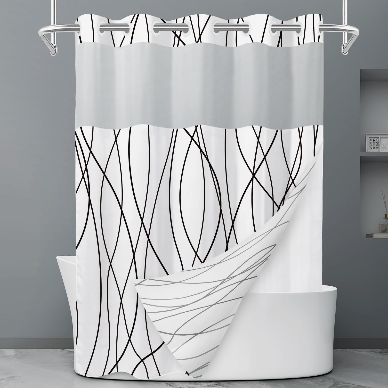 Rideau de douche à rayures grises et blanches sans crochet avec doublure à clipser – Rideau de douche d'hôtel pour salle de bain, imperméable et lavable en machine, 180 x 188 cm - pokemaRideau de douche à rayures grises et blanches sans crochet avec doublure à clipser – Rideau de douche d'hôtel pour salle de bain, imperméable et lavable en machine, 180 x 188 cm