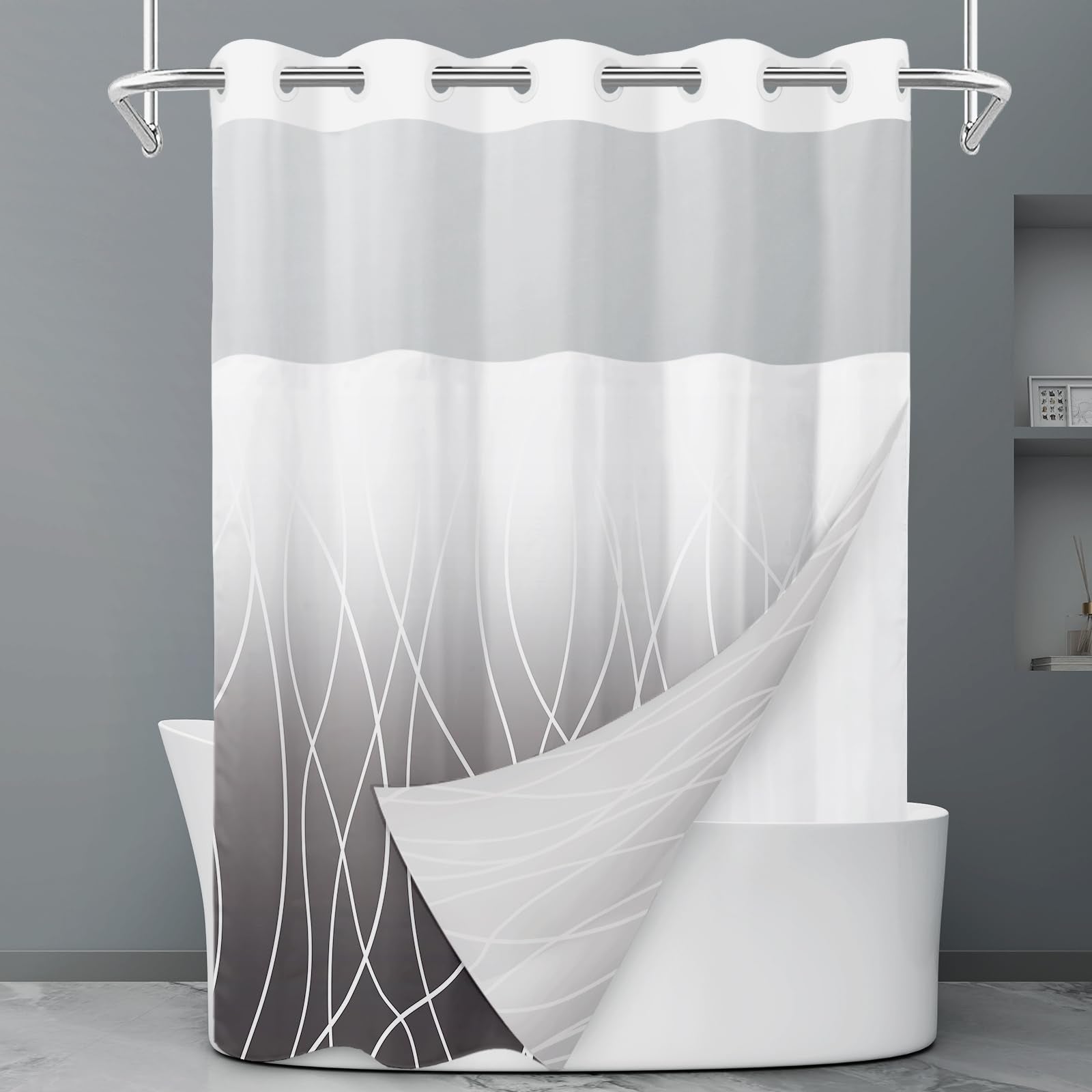 Rideau de douche à rayures grises et blanches sans crochet avec doublure à clipser – Rideau de douche d'hôtel pour salle de bain, imperméable et lavable en machine, 180 x 188 cm - pokemaRideau de douche à rayures grises et blanches sans crochet avec doublure à clipser – Rideau de douche d'hôtel pour salle de bain, imperméable et lavable en machine, 180 x 188 cm
