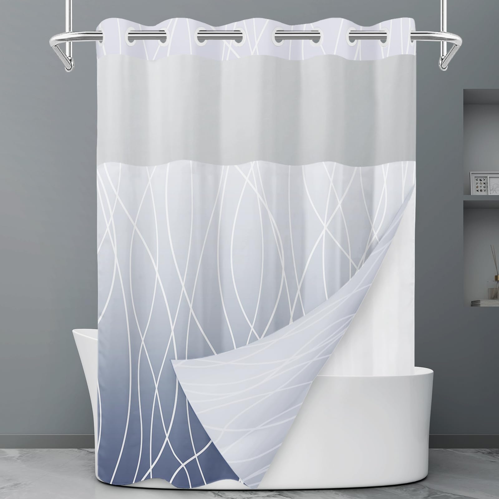 Rideau de douche à rayures grises et blanches sans crochet avec doublure à clipser – Rideau de douche d'hôtel pour salle de bain, imperméable et lavable en machine, 180 x 188 cm - pokemaRideau de douche à rayures grises et blanches sans crochet avec doublure à clipser – Rideau de douche d'hôtel pour salle de bain, imperméable et lavable en machine, 180 x 188 cm