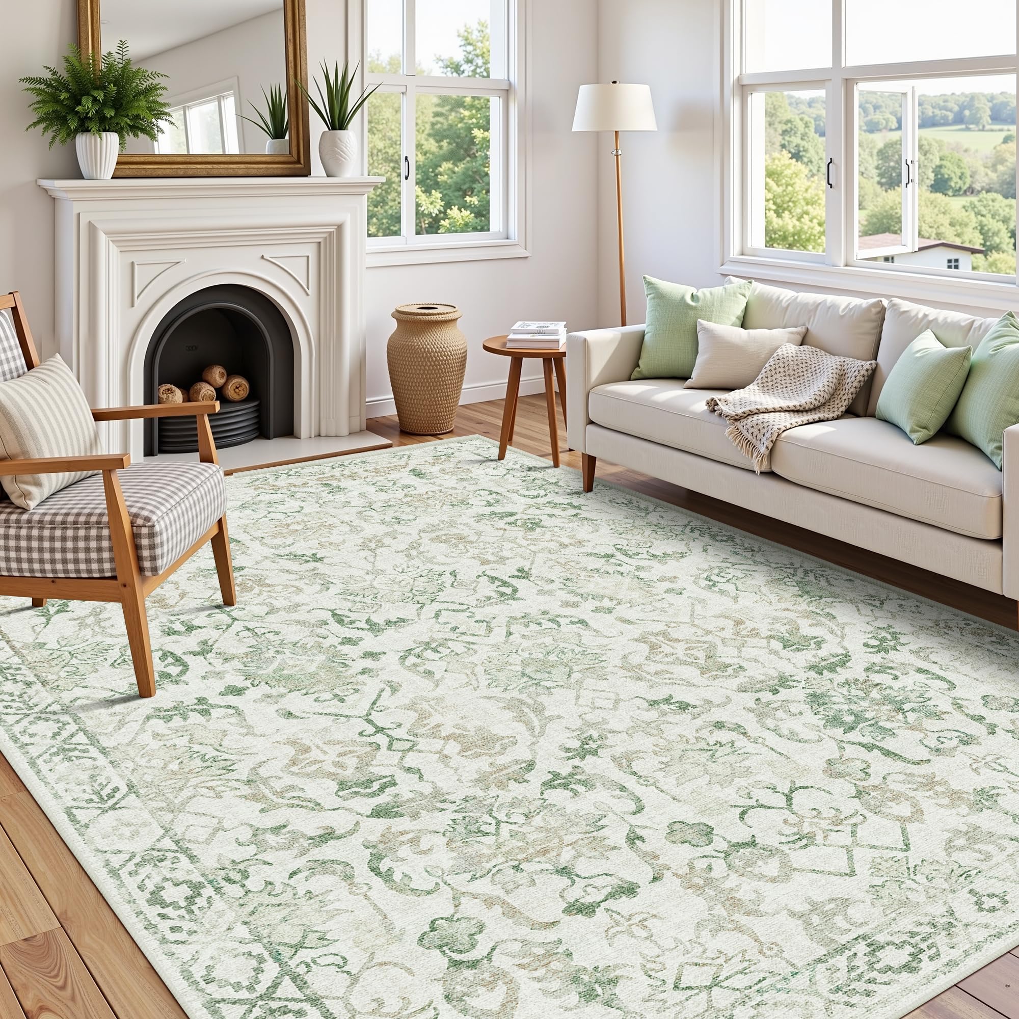 Sage Neutral Large Area Rug 9x12 for Living Room, Washable Rug for Dining Room Bedroom, Anti-Slip Low-Pile and Soft Accent Rug Farmhouse Office Home Decor Light Green - pokemaSage Neutral Large Area Rug 9x12 for Living Room, Washable Rug for Dining Room Bedroom, Anti-Slip Low-Pile and Soft Accent Rug Farmhouse Office Home Decor Light Green
