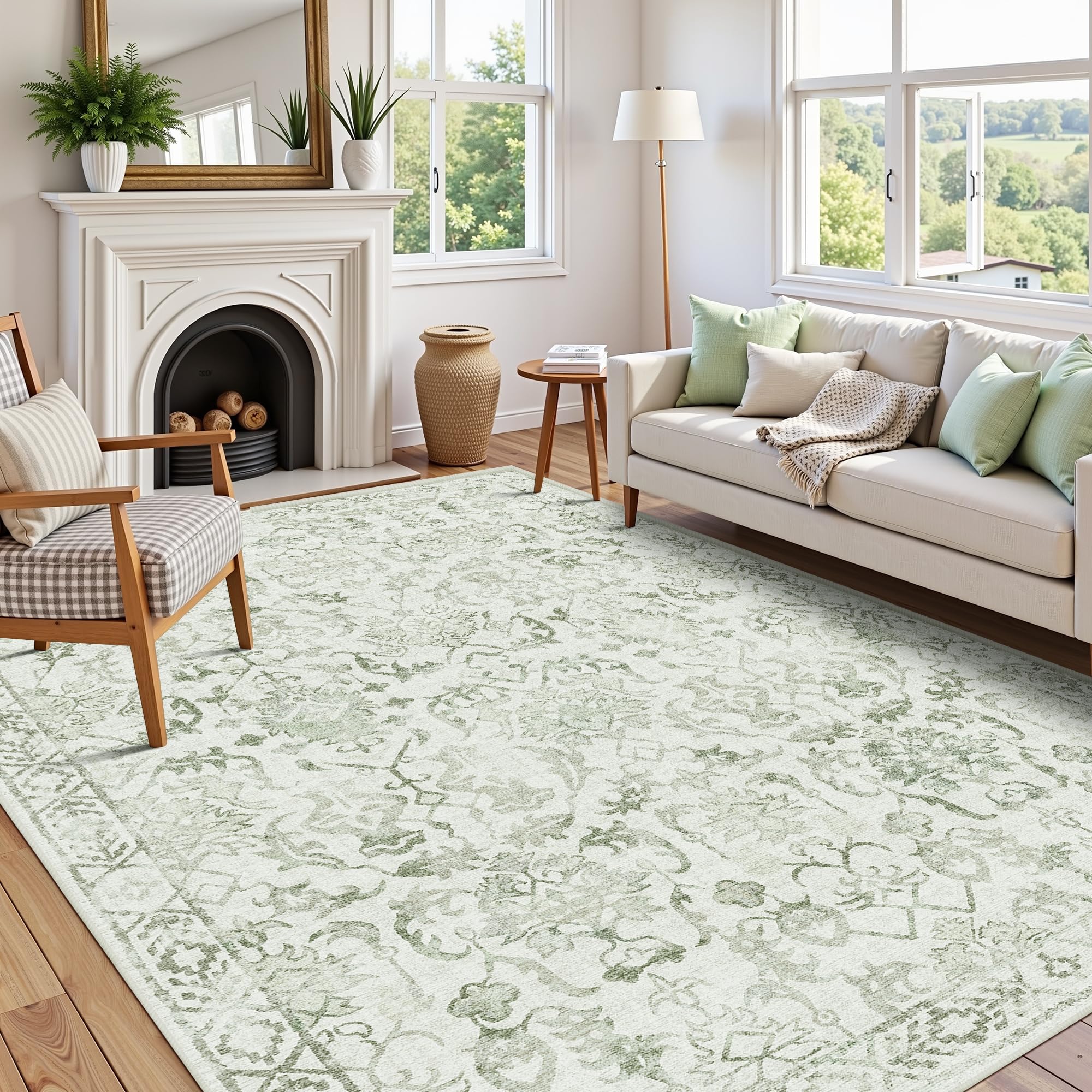 Sage Neutral Large Area Rug 9x12 for Living Room, Washable Rug for Dining Room Bedroom, Anti-Slip Low-Pile and Soft Accent Rug Farmhouse Office Home Decor Light Green - pokemaSage Neutral Large Area Rug 9x12 for Living Room, Washable Rug for Dining Room Bedroom, Anti-Slip Low-Pile and Soft Accent Rug Farmhouse Office Home Decor Light Green