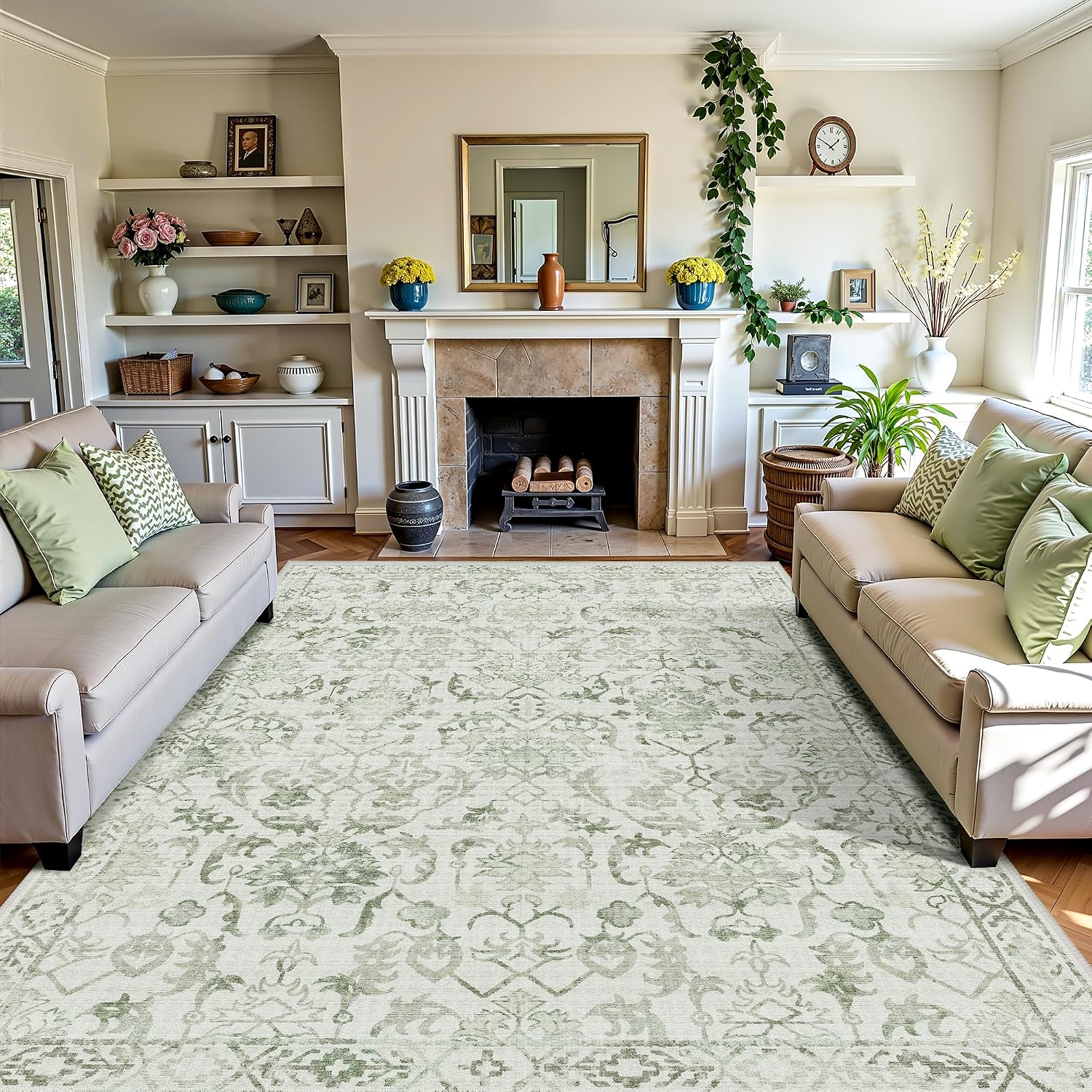 Sage Neutral Large Area Rug 9x12 for Living Room, Washable Rug for Dining Room Bedroom, Anti-Slip Low-Pile and Soft Accent Rug Farmhouse Office Home Decor Light Green - pokemaSage Neutral Large Area Rug 9x12 for Living Room, Washable Rug for Dining Room Bedroom, Anti-Slip Low-Pile and Soft Accent Rug Farmhouse Office Home Decor Light Green