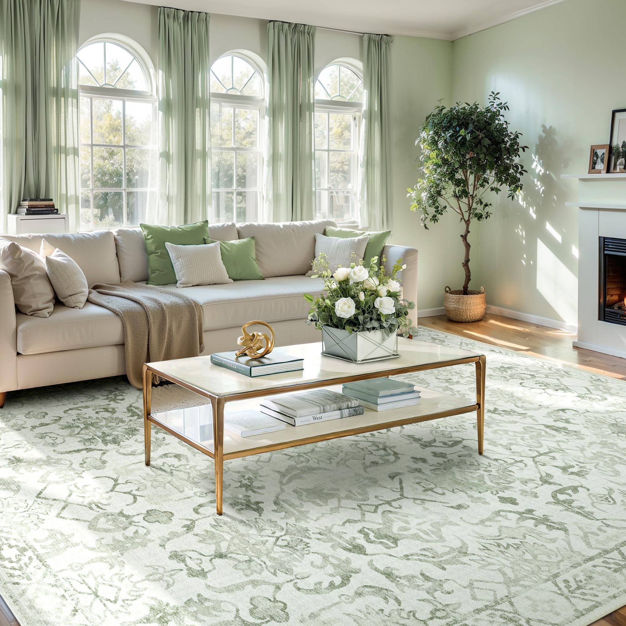 Sage Neutral Large Area Rug 9x12 for Living Room, Washable Rug for Dining Room Bedroom, Anti-Slip Low-Pile and Soft Accent Rug Farmhouse Office Home Decor Light Green - pokemaSage Neutral Large Area Rug 9x12 for Living Room, Washable Rug for Dining Room Bedroom, Anti-Slip Low-Pile and Soft Accent Rug Farmhouse Office Home Decor Light Green