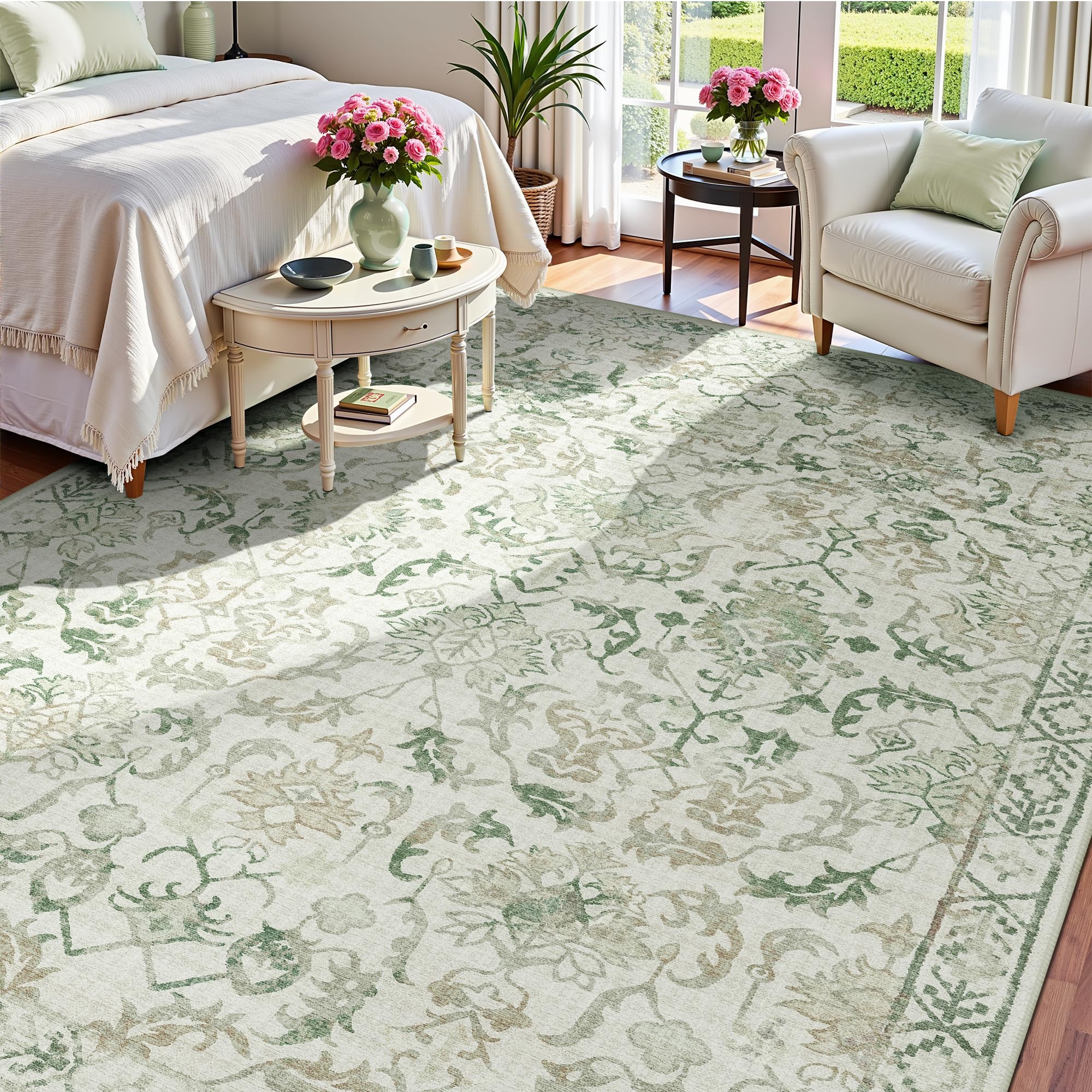 Sage Neutral Large Area Rug 9x12 for Living Room, Washable Rug for Dining Room Bedroom, Anti-Slip Low-Pile and Soft Accent Rug Farmhouse Office Home Decor Light Green - pokemaSage Neutral Large Area Rug 9x12 for Living Room, Washable Rug for Dining Room Bedroom, Anti-Slip Low-Pile and Soft Accent Rug Farmhouse Office Home Decor Light Green