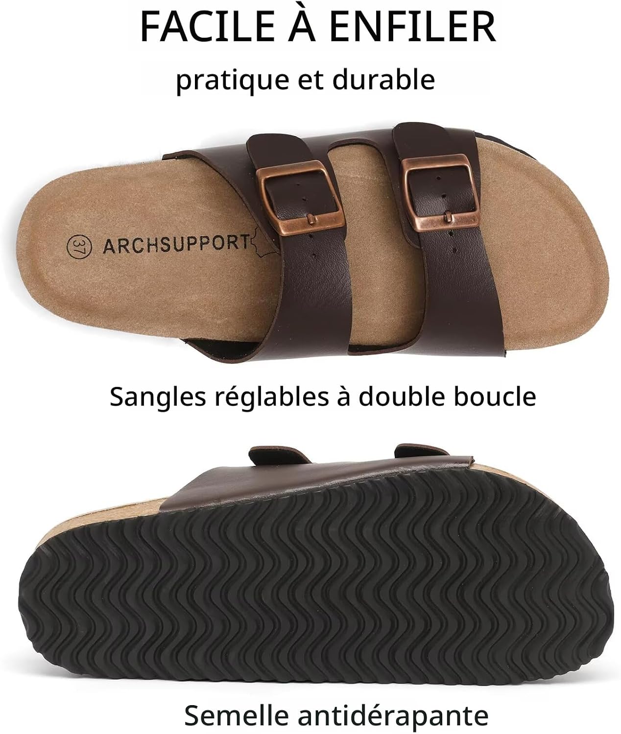 Sandales plates unisexes en cuir véritable avec pied en liège avec soutien de la voûte plantaire, double boucle en mousse à mémoire de forme pour la plage, les vacances d’été - pokemaSandales plates unisexes en cuir véritable avec pied en liège avec soutien de la voûte plantaire, double boucle en mousse à mémoire de forme pour la plage, les vacances d’été
