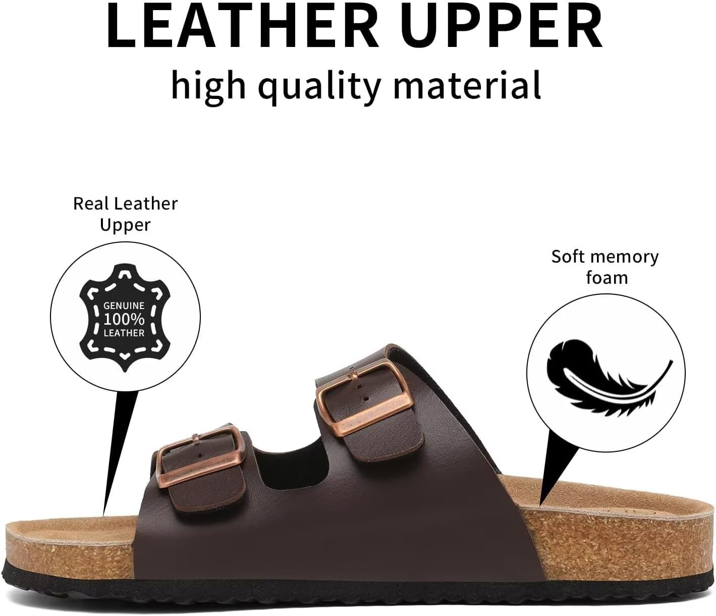 Sandales plates unisexes en cuir véritable avec pied en liège avec soutien de la voûte plantaire, double boucle en mousse à mémoire de forme pour la plage, les vacances d’été - pokemaSandales plates unisexes en cuir véritable avec pied en liège avec soutien de la voûte plantaire, double boucle en mousse à mémoire de forme pour la plage, les vacances d’été