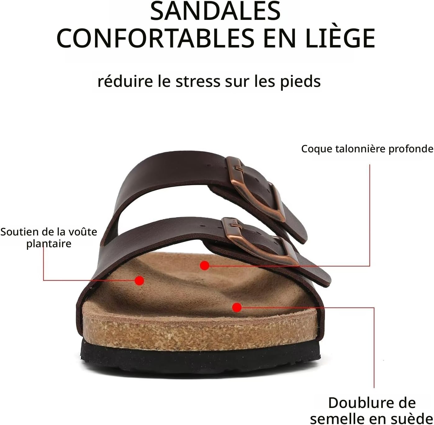 Sandales plates unisexes en cuir véritable avec pied en liège avec soutien de la voûte plantaire, double boucle en mousse à mémoire de forme pour la plage, les vacances d’été - pokemaSandales plates unisexes en cuir véritable avec pied en liège avec soutien de la voûte plantaire, double boucle en mousse à mémoire de forme pour la plage, les vacances d’été
