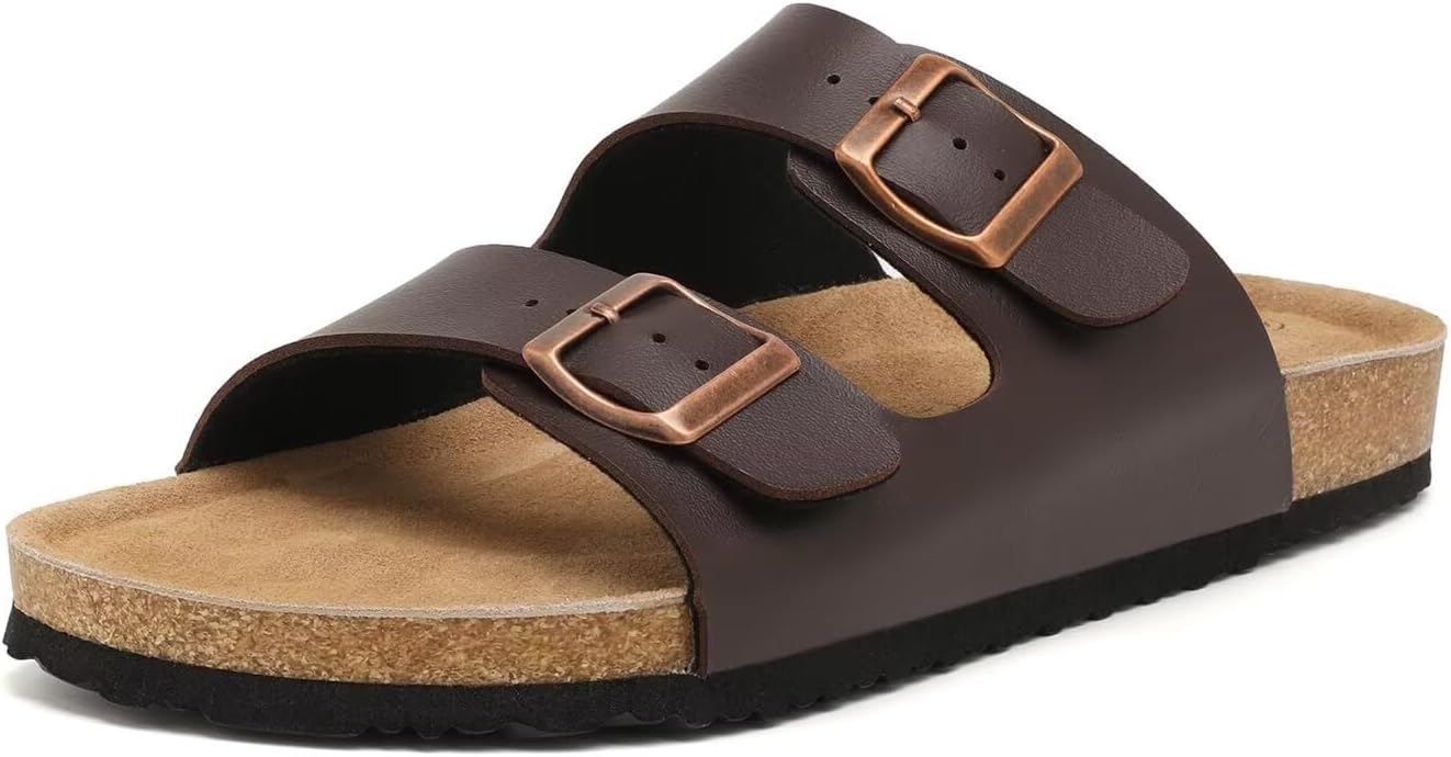 Sandales plates unisexes en cuir véritable avec pied en liège avec soutien de la voûte plantaire, double boucle en mousse à mémoire de forme pour la plage, les vacances d’été - pokemaSandales plates unisexes en cuir véritable avec pied en liège avec soutien de la voûte plantaire, double boucle en mousse à mémoire de forme pour la plage, les vacances d’été