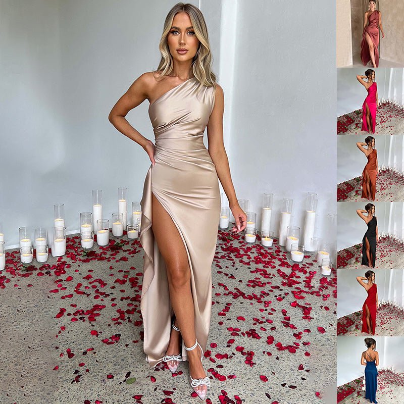 Sexy One-shoulder Backless Slit Dress Summer Elegant Slim-fit Solid Color Satin Dresses For Women - pokema630662838bfad1e6eac41265ab7b0bc4