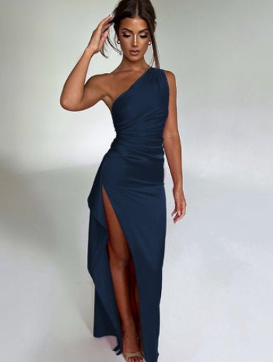 Sexy One-shoulder Backless Slit Dress Summer Elegant Slim-fit Solid Color Satin Dresses For Women - pokema631c4e2248927b33b4ecf4a503b5c895