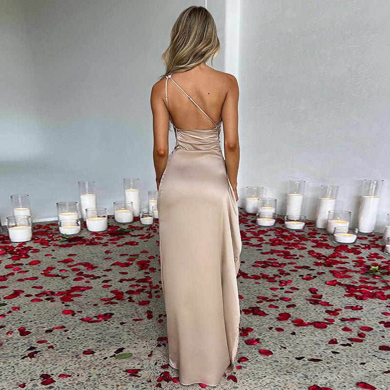 Sexy One-shoulder Backless Slit Dress Summer Elegant Slim-fit Solid Color Satin Dresses For Women - pokema7535534d2d76206a1d1135cc02e60c72