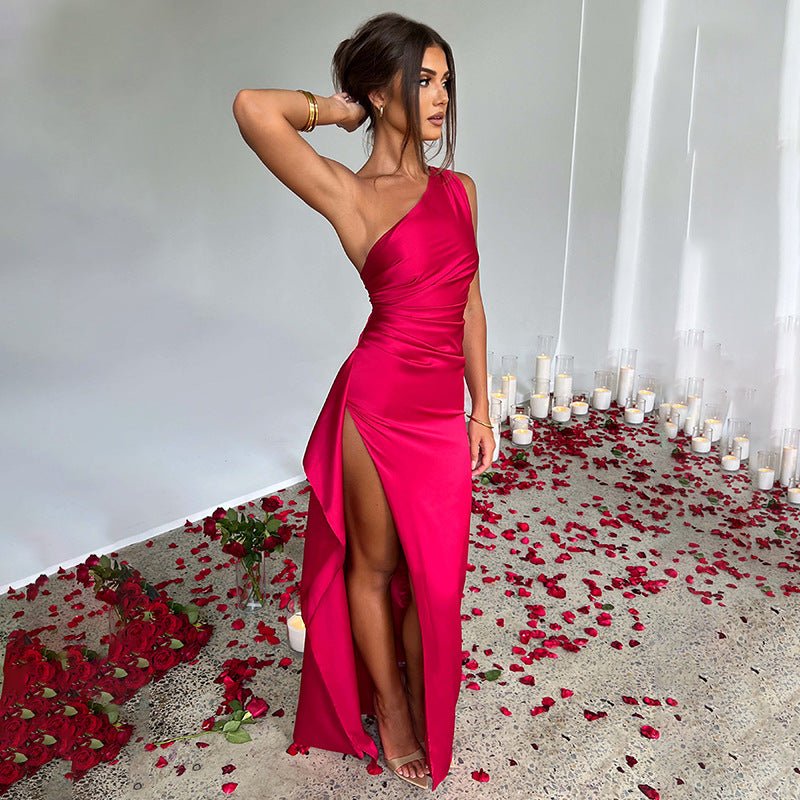 Sexy One-shoulder Backless Slit Dress Summer Elegant Slim-fit Solid Color Satin Dresses For Women - pokema176b13f3729ee551f96094ce3d0fe4fb