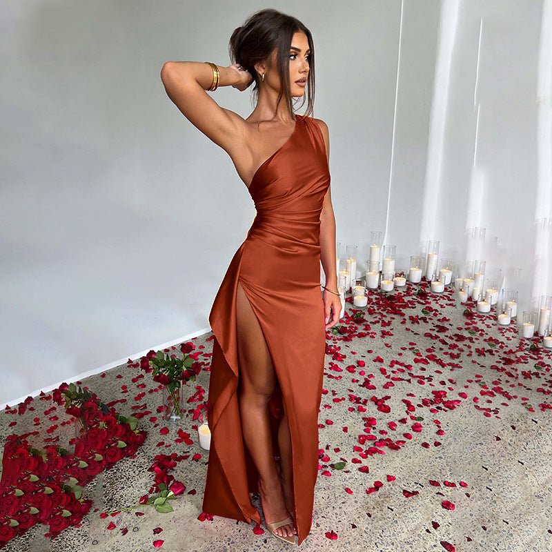 Sexy One-shoulder Backless Slit Dress Summer Elegant Slim-fit Solid Color Satin Dresses For Women - pokemaccf6a18f802acdc0b222495635e5d5d2
