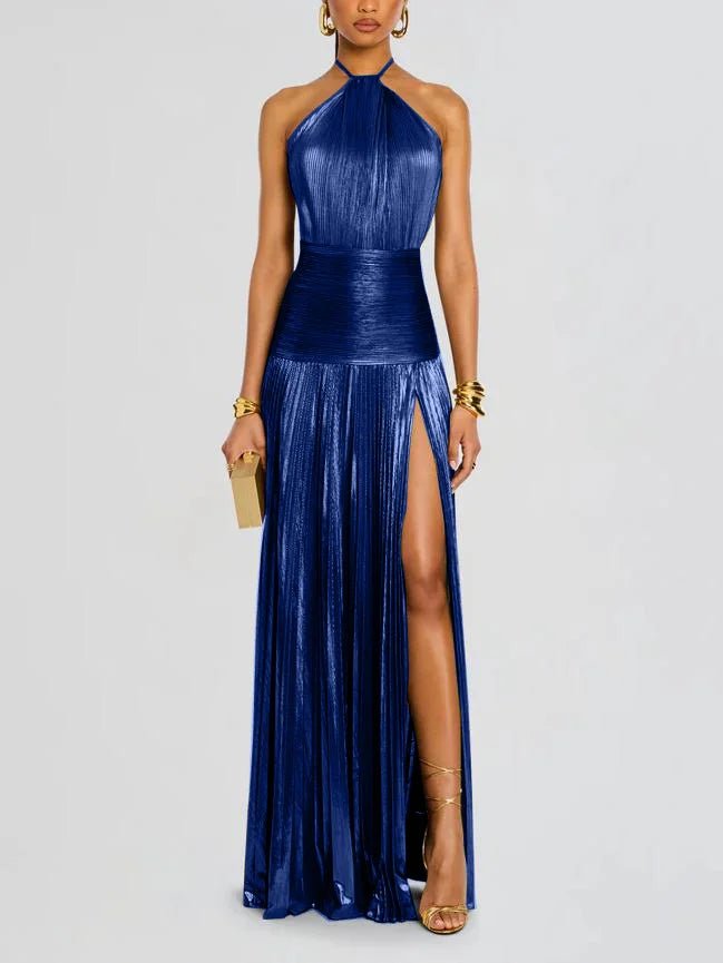 Sexy Pleated Halter Neck Long Dresses Summer Split Sleeveless Dress Evening Party Club Women's Clothing - pokema4079566f6352eaaa1eb32a23ba98841c