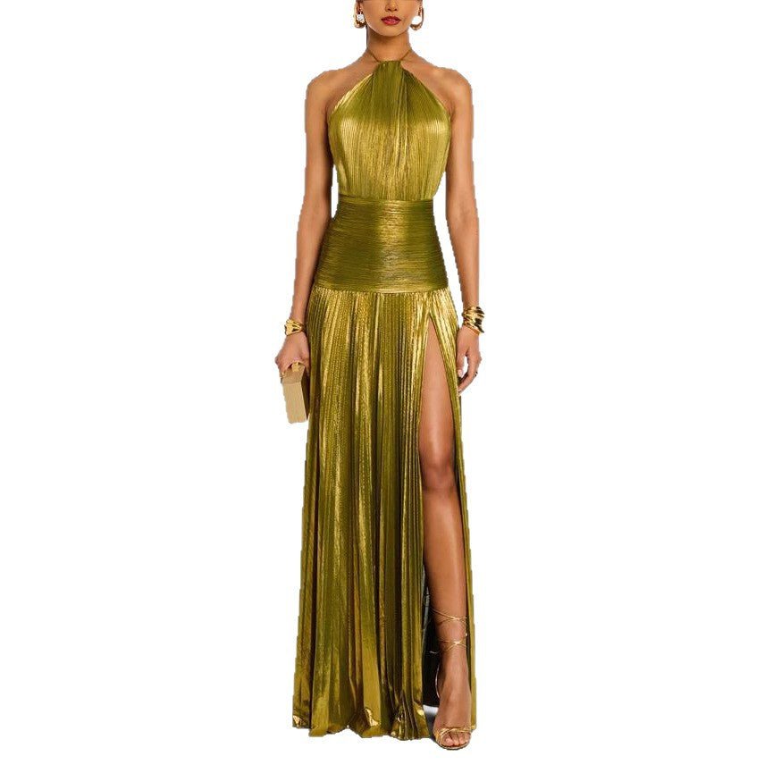 Sexy Pleated Halter Neck Long Dresses Summer Split Sleeveless Dress Evening Party Club Women's Clothing - pokemacdcb3c1b4e07c4c1570b09230536ed32