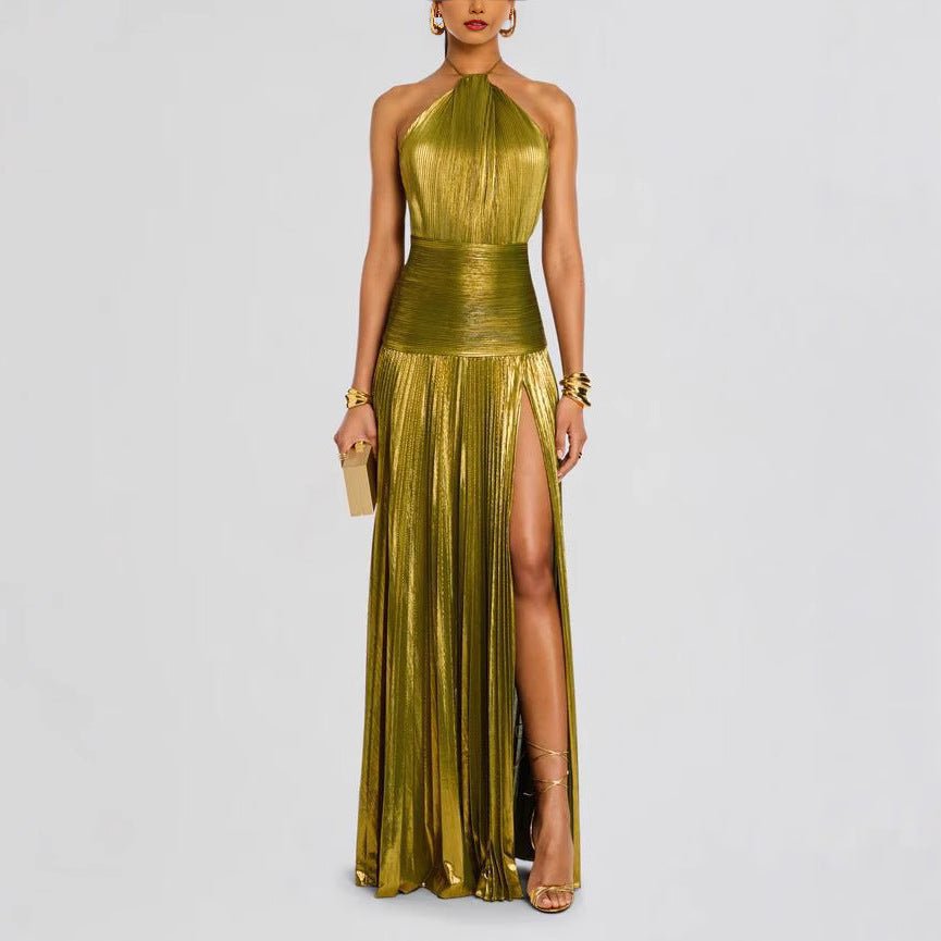 Sexy Pleated Halter Neck Long Dresses Summer Split Sleeveless Dress Evening Party Club Women's Clothing - pokemaaf4228b4c8e6b6c0507e6e92e3feed16