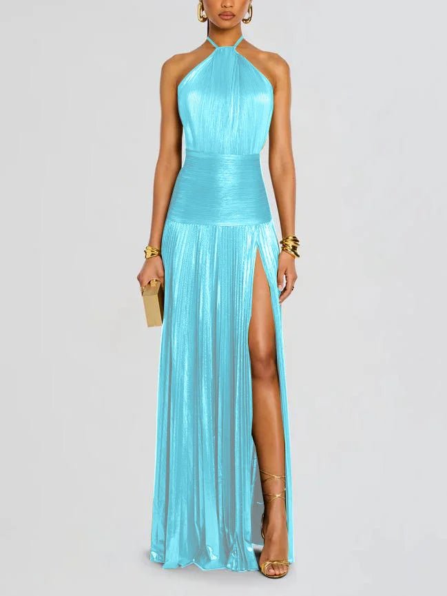 Sexy Pleated Halter Neck Long Dresses Summer Split Sleeveless Dress Evening Party Club Women's Clothing - pokemaac293b3b9936c4184a84c0f2505604bd