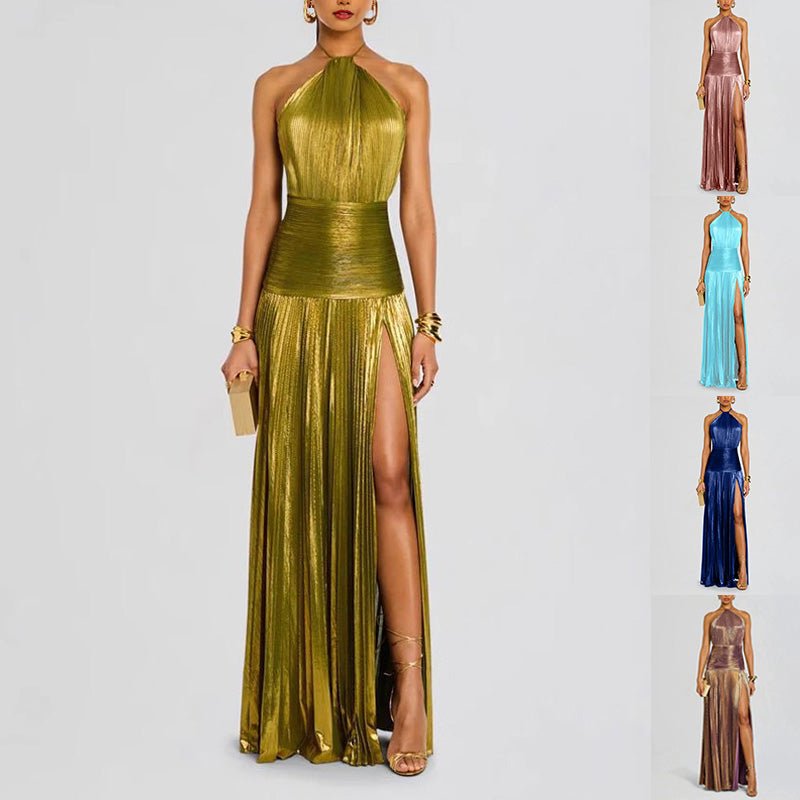 Sexy Pleated Halter Neck Long Dresses Summer Split Sleeveless Dress Evening Party Club Women's Clothing - pokema525d4428dcd5d061bf56c16a4911d147