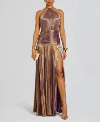 Sexy Pleated Halter Neck Long Dresses Summer Split Sleeveless Dress Evening Party Club Women's Clothing - pokemaf033e35c5ad85cbda7ed02f99796cfaf