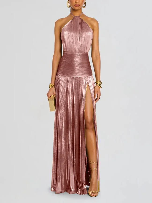 Sexy Pleated Halter Neck Long Dresses Summer Split Sleeveless Dress Evening Party Club Women's Clothing - pokema48aea7bbc325f85a3942e806a306d58a