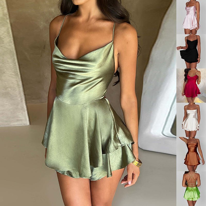 Sexy Suspender Skirt For Women Elegant Slim Strap Satin Backless Lace Up A-Line Short Dress Lady - pokemaef55f23c7b30683200e0820e7b98891c