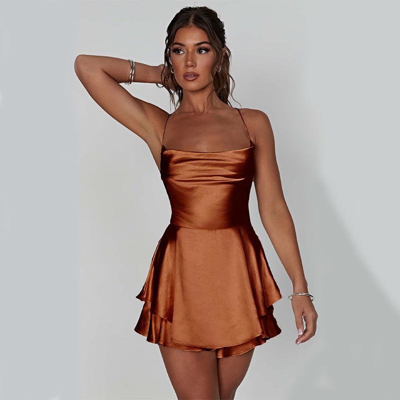 Sexy Suspender Skirt For Women Elegant Slim Strap Satin Backless Lace Up A-Line Short Dress Lady - pokema102c339c8f8632f1e48c5b2d932786ad