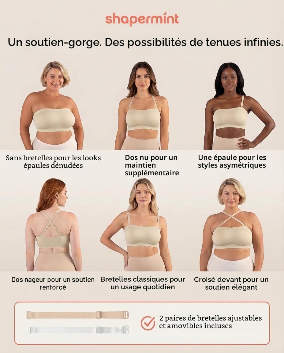 SHAPERMINT Soutien-gorge convertible sans bretelles pour femme - Soutien-gorge bandeau sans bretelles, haut bandeau, soutien-gorge sans armatures - pokemaSHAPERMINT Soutien-gorge convertible sans bretelles pour femme - Soutien-gorge bandeau sans bretelles, haut bandeau, soutien-gorge sans armatures