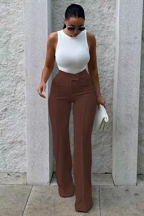 Slim Straight-leg Pants With Buckle Fashion Solid Color Trousers For Womens Clothing - pokema14256e7b4d240c9059f57f4e5d30f0fe