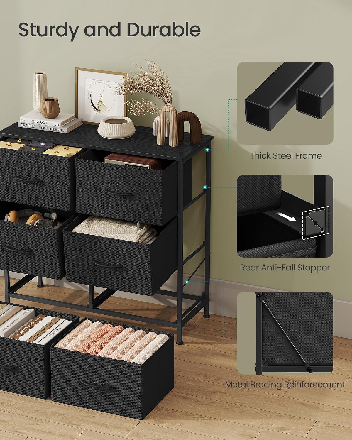 SONGMICS Chest of Drawers Storage Unit, Steel, 6 Drawers | BELLAH Collection, for Bedroom, Closet, Hallway, Living Room, Ink Black and Ebony Black, LGS123BH03 - pokemaSONGMICS Chest of Drawers Storage Unit, Steel, 6 Drawers | BELLAH Collection, for Bedroom, Closet, Hallway, Living Room, Ink Black and Ebony Black, LGS123BH03
