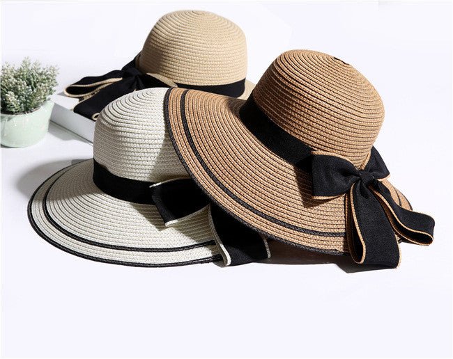 Sun Hat Big Black Bow Summer Hats For Women Foldable Straw Beach Panama Hat Visor Wide Brim Femme Female New - pokema21193623655f15391b94bd897da575dd