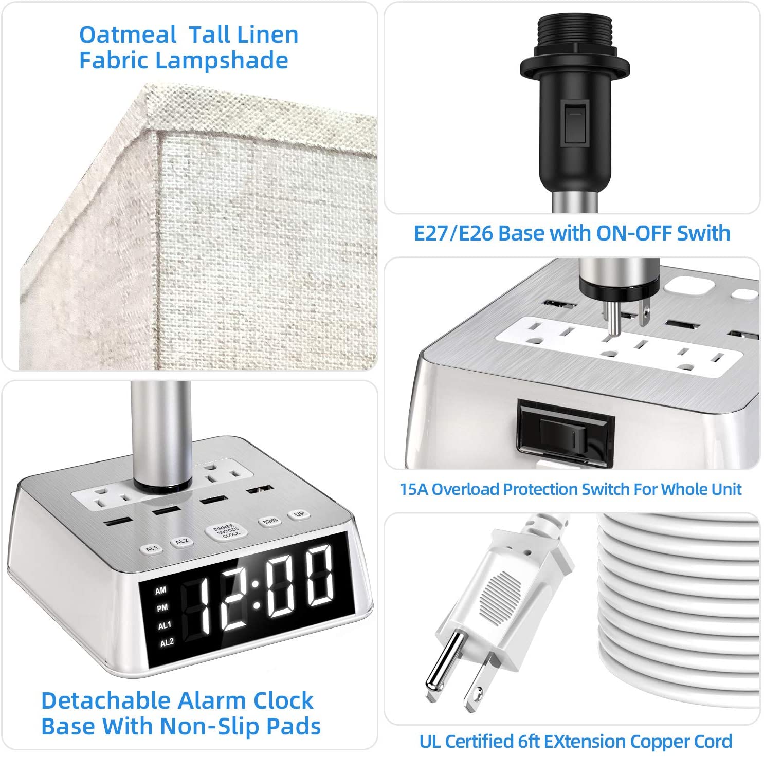 Table Lamp, 4 USB Ports &amp; AC Power Outlets, Alarm Clock - pokemaTable Lamp, 4 USB Ports &amp; AC Power Outlets, Alarm Clock