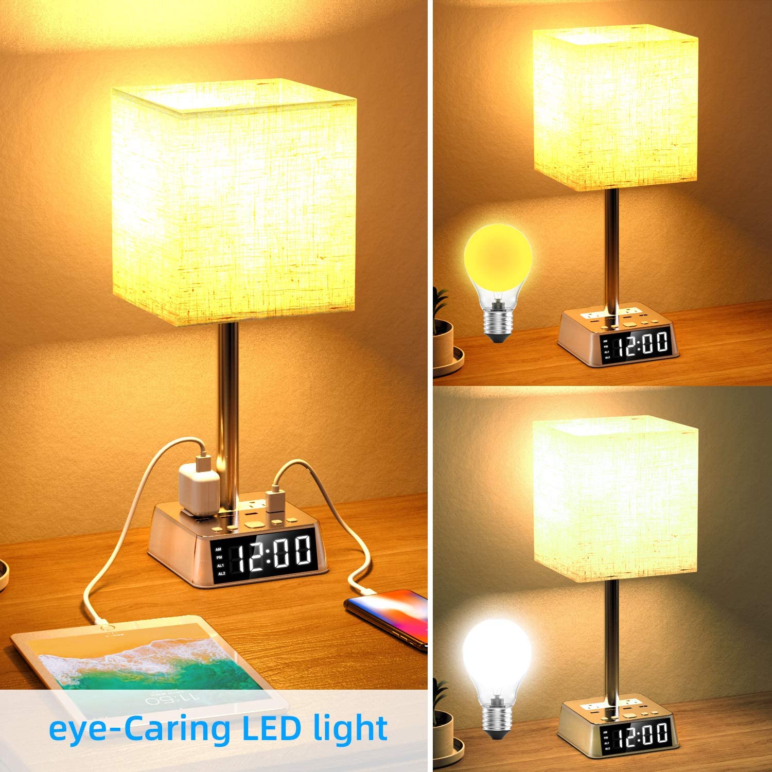 Table Lamp, 4 USB Ports &amp; AC Power Outlets, Alarm Clock - pokemaTable Lamp, 4 USB Ports &amp; AC Power Outlets, Alarm Clock